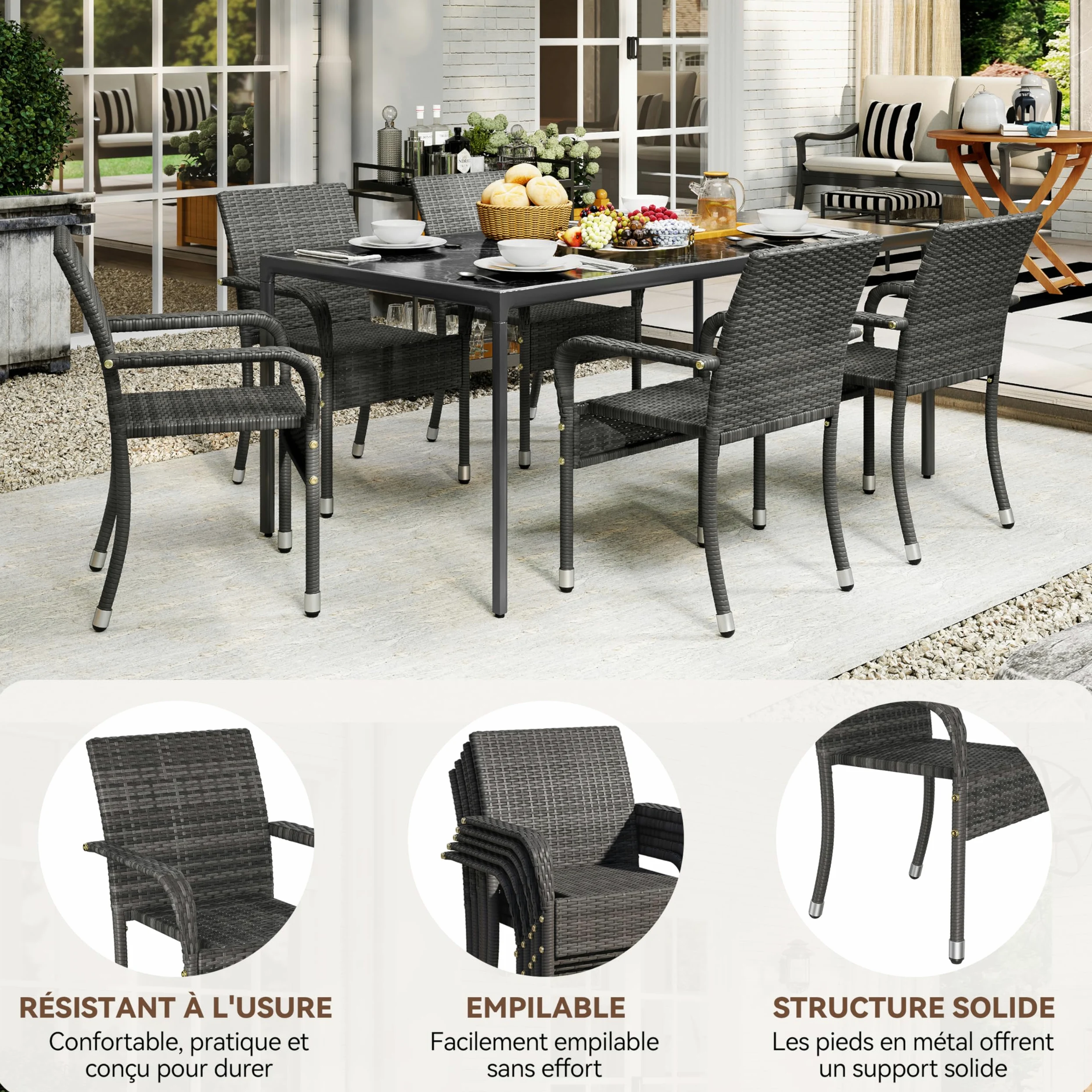 Abician Lot de 6 Chaises de Jardin en Rotin Synthétique Fauteuils Empilables d'Extérieur avec Accoudoirs Cadre en Métal Terrasse Véranda Balcon Salon Salle à Manger Gris