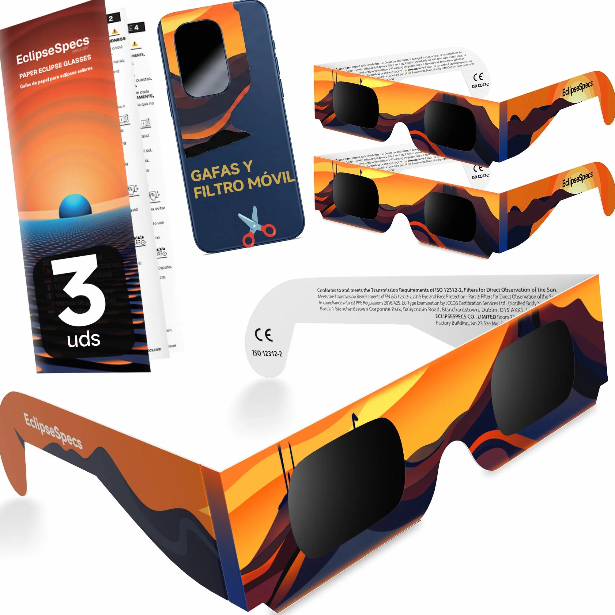 Lunette éclipse solaire [Lot de 3] - Homologuées ISO 12312-2 CE - Observation directe éclipse 2026