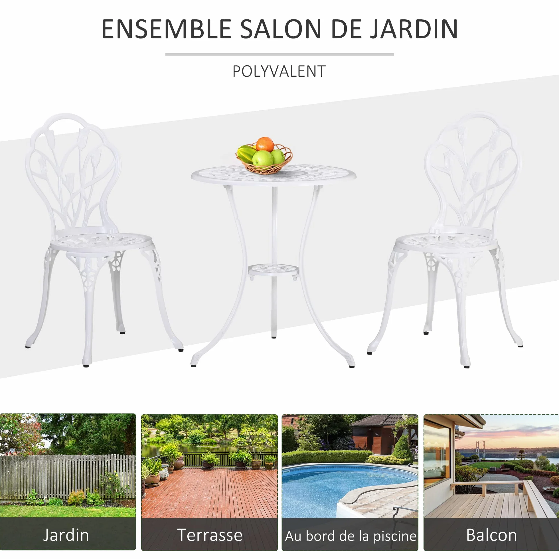 Outsunny Salon de Jardin 2 Places Table Ronde Fonte Aluminium Imitation Fer Forgé Blanc