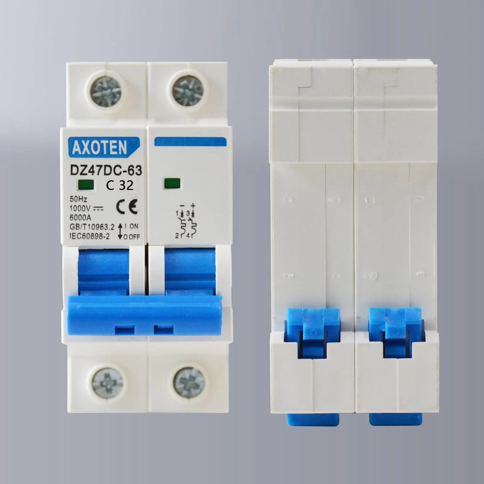 Disjoncteur DC 1000V 2P 32A Interrupteur Coupure pour Batteries Solaires Photovoltaïques 35mm Rail DIN
