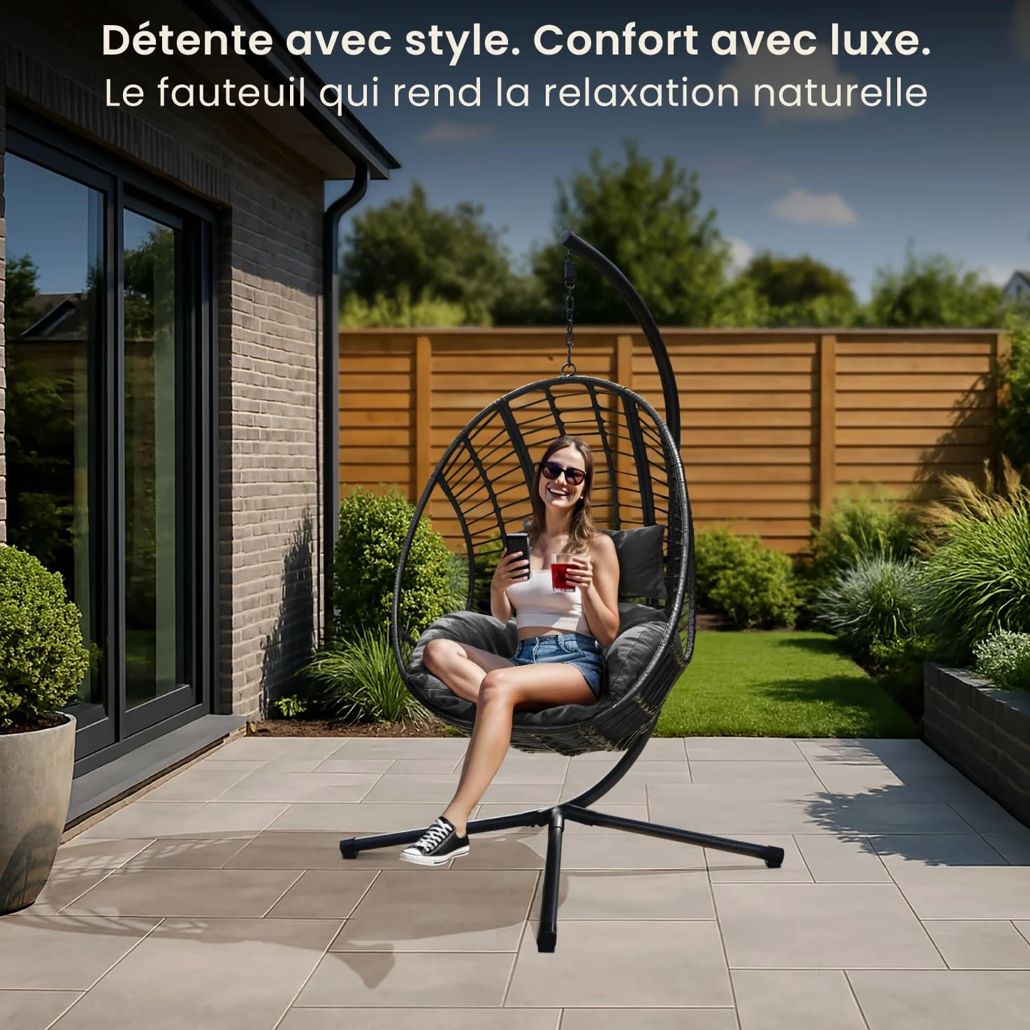 Swoods Fauteuil Suspendu Egg XXL - Chaise Suspendue avec Support - pour Intérieur et Extérieur - INCL. Oreillers - Chaise Egg - Cocoon - Chaise Oeuf - Jusqu'à 150kg (Gris foncé)