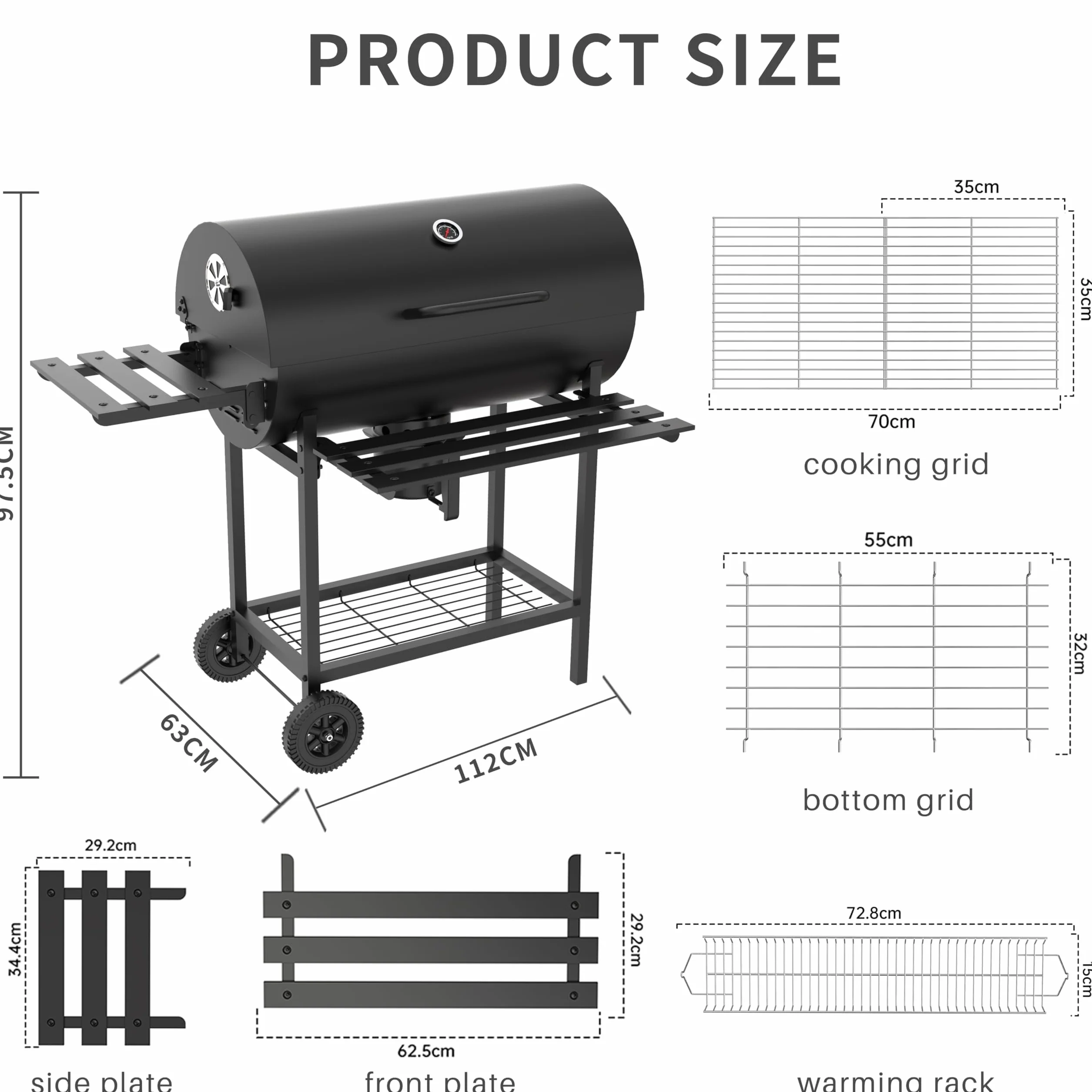 TEENO Chariot à Barbecue de Bois,Grill XXL à Charbon avec Couvercle, Thermomètre,Tiroir à Cendres,Comprend une housse en tissu imperméable et anti-poussière, Évent Réglable