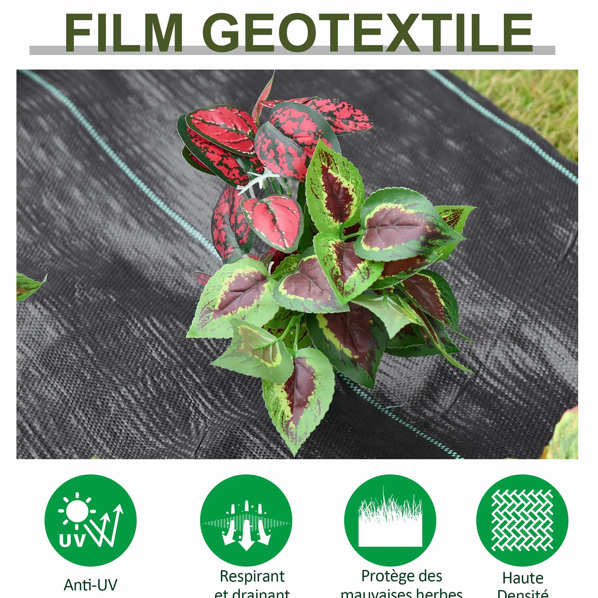 Outsunny Toile de Paillage Anti Mauvaises Herbes 100 g/m² Indéchirable Perméable Anti UV 50L x 2l m PP Noir Vert