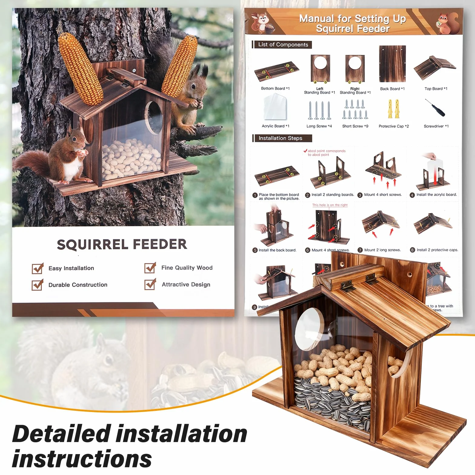 PORFOYO Mangeoire Écureuil Exterieur en Bois, Mangeoire en Bois pour Écureuil, Distrubuteur De Nourriture Écureuils, MaisonÉcureuil, Station d'alimentation pour Nourrir Les Écureuils