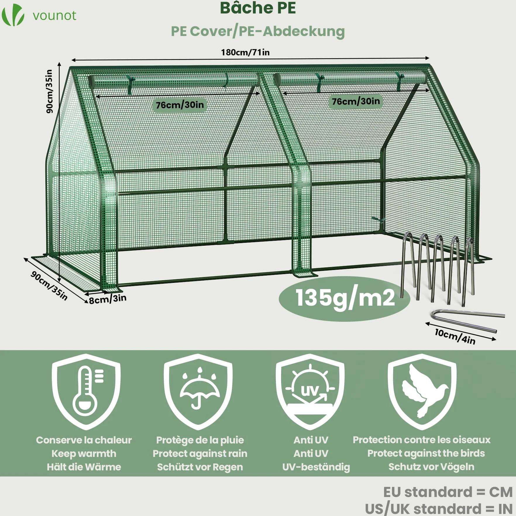 VOUNOT ® Mini Serre de Jardin à Toit Pointu avec 2 fenêtres avec Zip enroulables Bâche PE renforcée 135g/m2 pour semis Plantes Fleurs légumes 180x90x90cm Vert