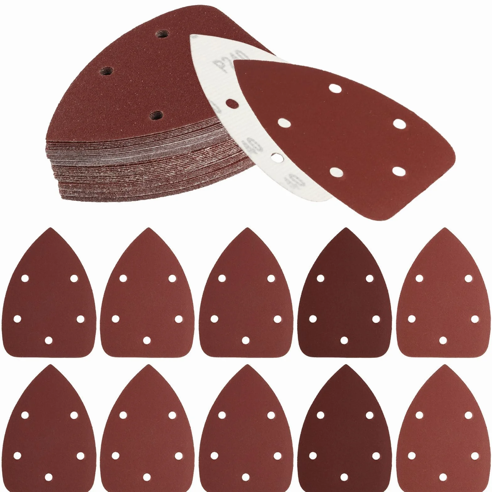 Papier de Verre Triangles de Ponçage 60 Pièces, 5 Trous Feuilles Abrasives Grain P40/80/120/180/240/320 pour Ponceuse Triangulaire