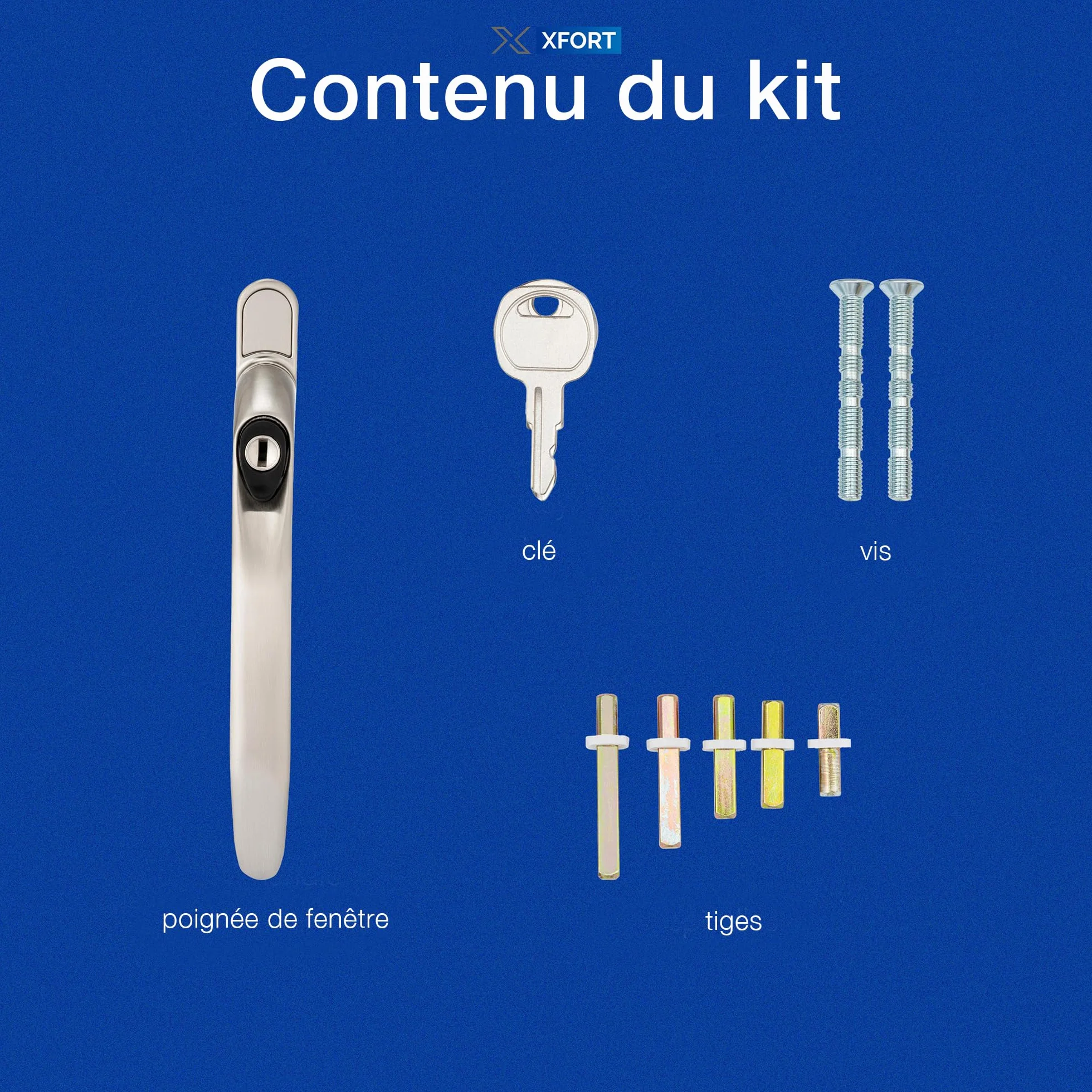 XFORT Kit D'Installation Poignée De Fenêtre Droite À Clé Chrome Satiné Poignée De Rechange Pour Fenêtre PVC-U Verrouillable Universelle