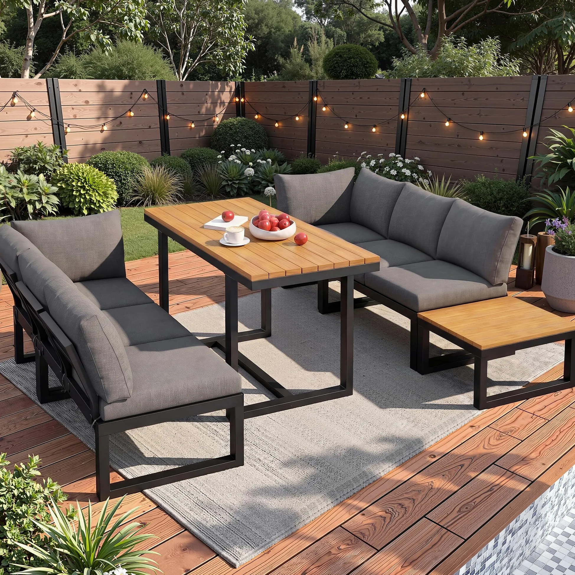 Sapgaks Ensemble de Salon de Jardin extérieur pour 6 Personnes avec Dossier réglable,canapé d'angle avec Table et Table Basse,Structure en Acier résistant aux intempéries (Gris-11)