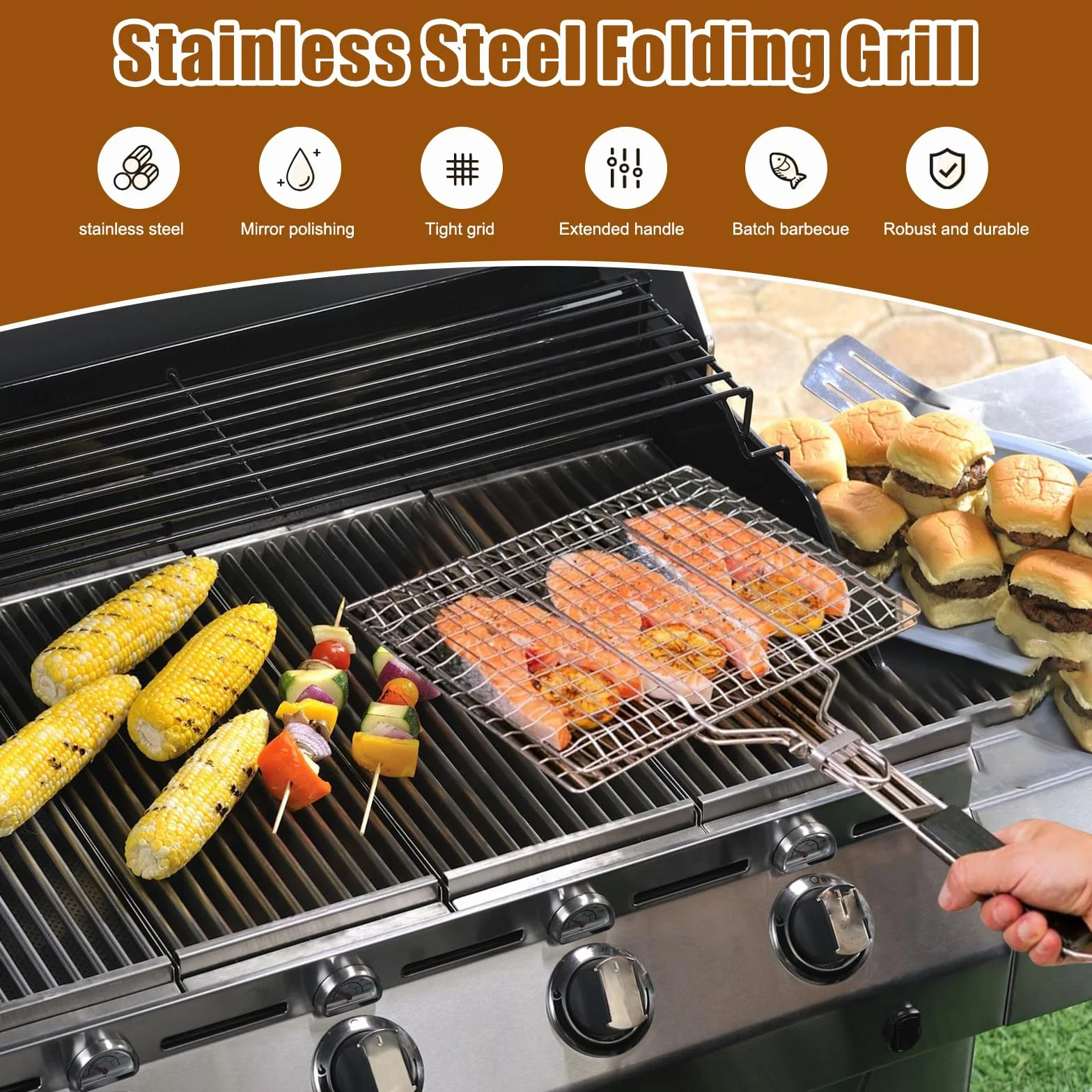 Panier de Barbecue Pliable 32 x 22 cm Acier Inoxydable avec 2 Brosses Silicone pour Poisson Crevettes Légumes Steak