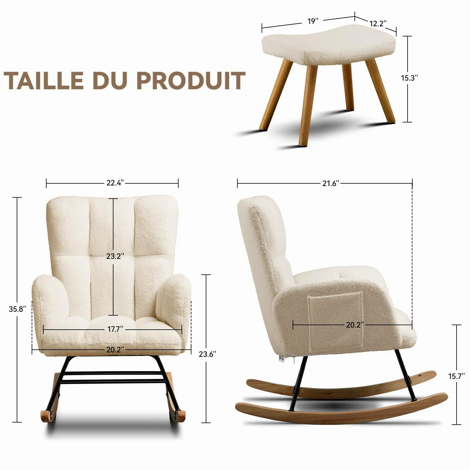 COMHOMA Fauteuil à Bascule, Fauteuil de Relaxation, avec accoudoirs, en Peluche Peluche, Charge maximale : 150 kg, Chaise Longue de Jardin pour Chambre, Beige avec Repose-Pieds