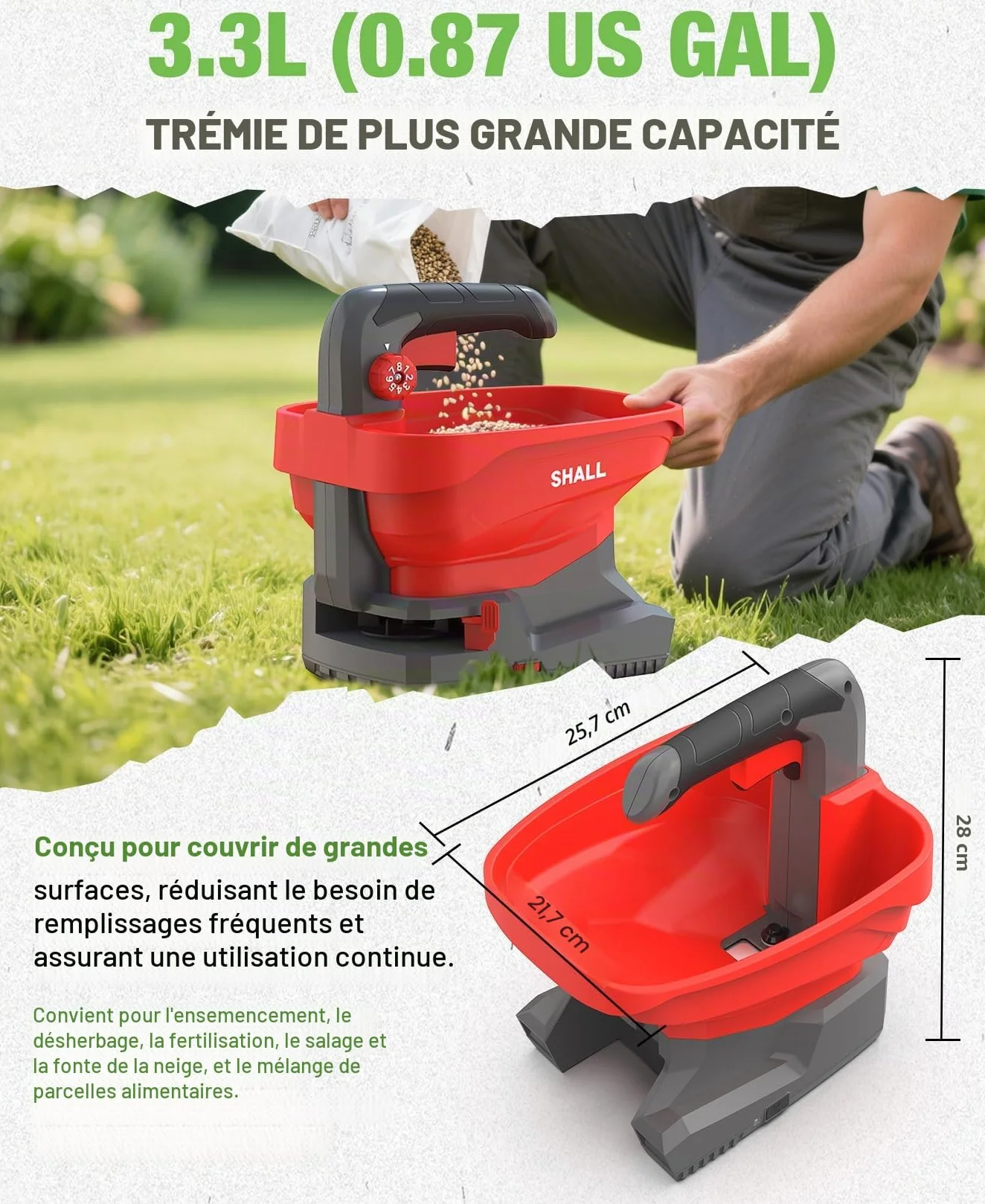Shall Semoir Universel à Batterie Rechargeable, épandeur d'engrais électrique 7,2 V, adapté au salage des Routes, au déneigement et à l'ensemencement, Batterie et Chargeur Inclus
