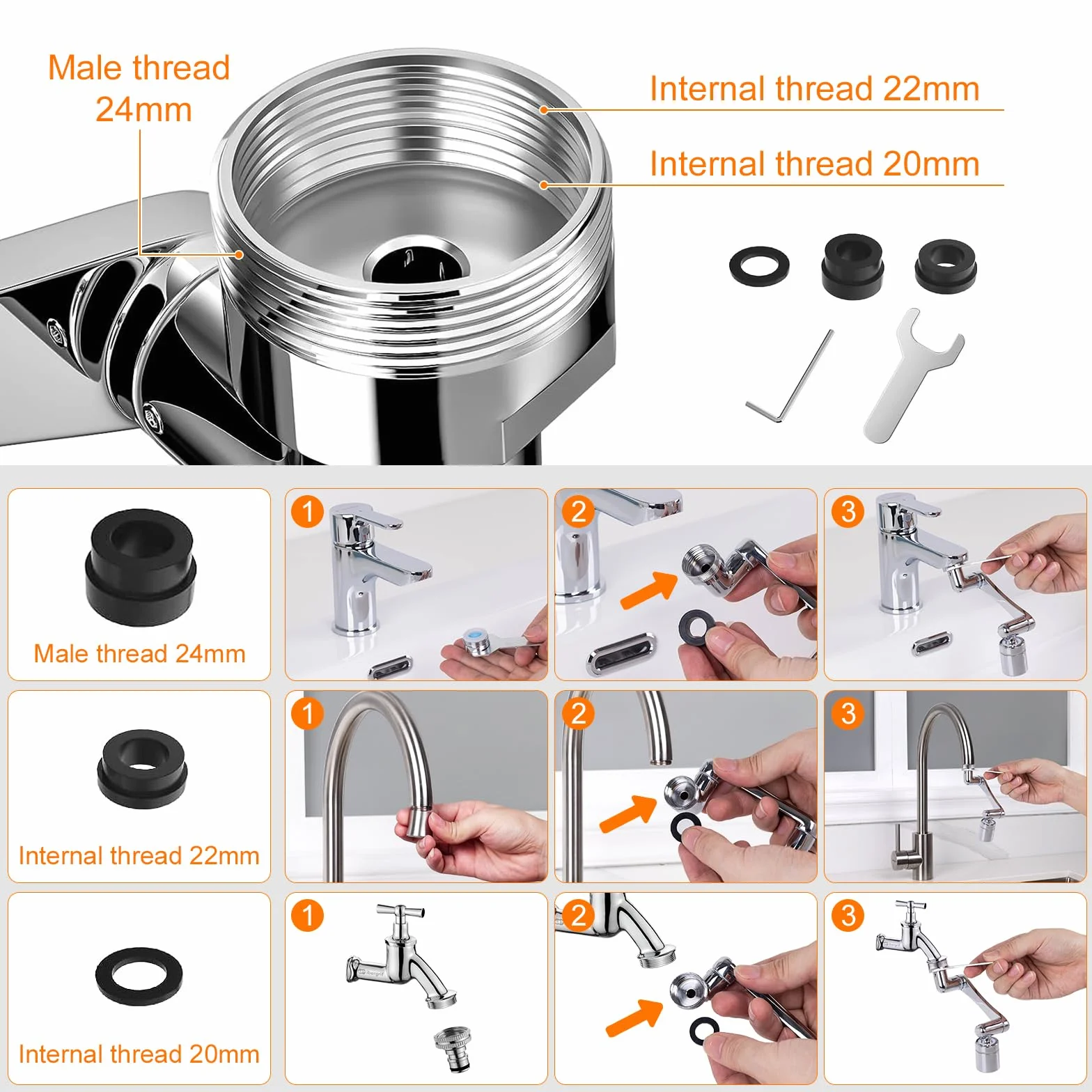 Ibergrif Embout Robinet Pivotant 1440° Mousseur Robinet 2 Jets Adaptateur 20/22/24 mm Cuisine Salle de Bain