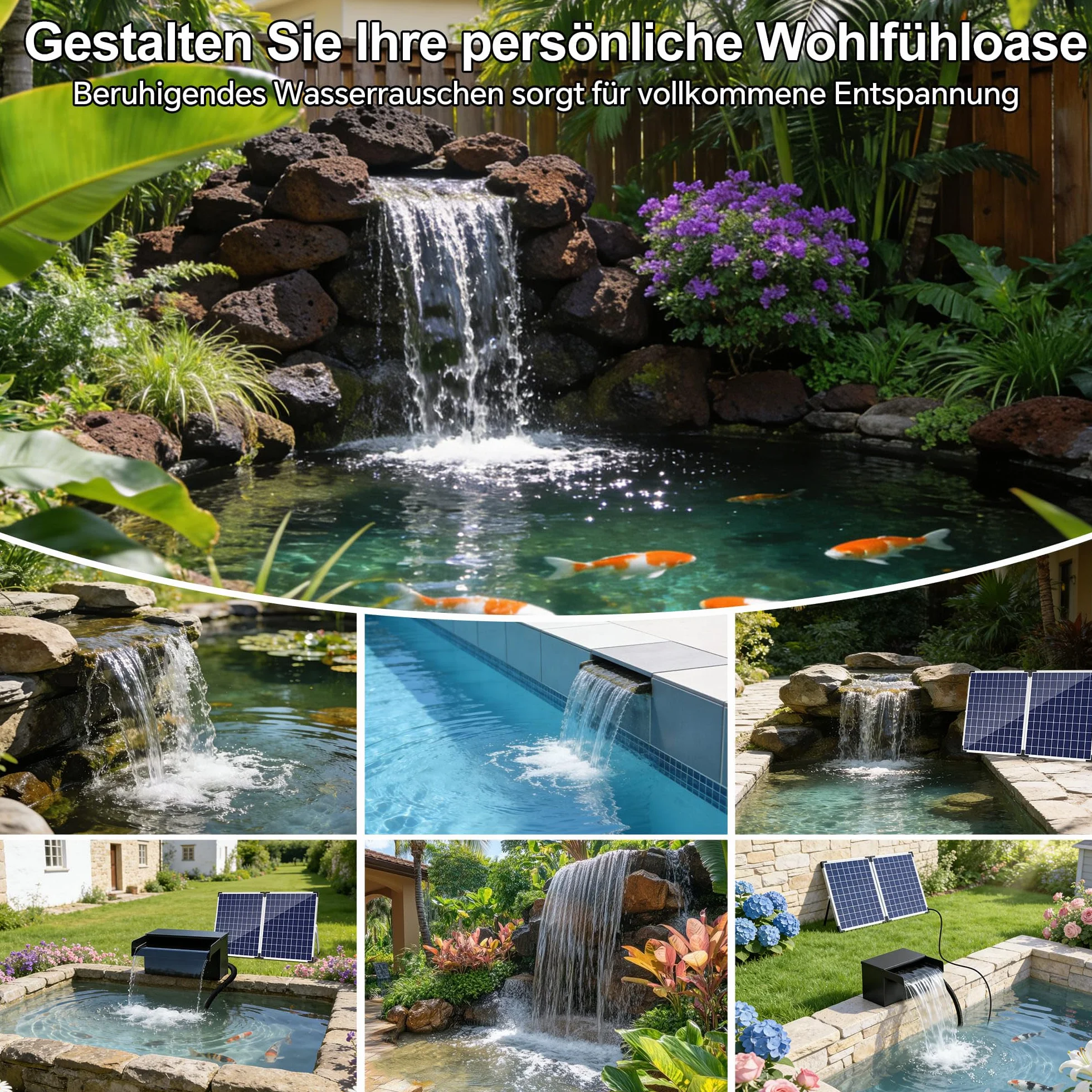 Ensemble complet de cascade solaire en acier inoxydable 50W pompe 40W 2100L/H 20 cm pour bassin de jardin