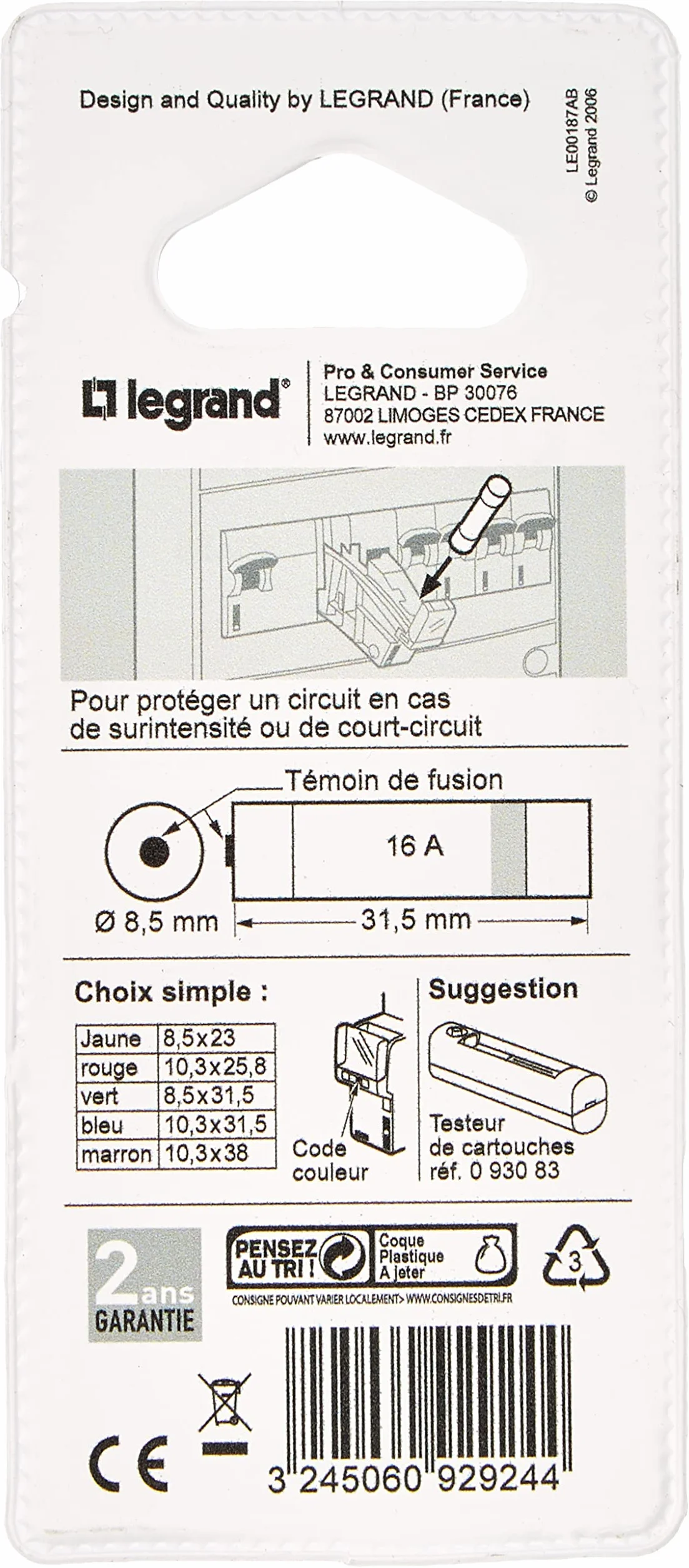 Legrand Cartouche fusible 8,5x31,5mm 16A avec témoin