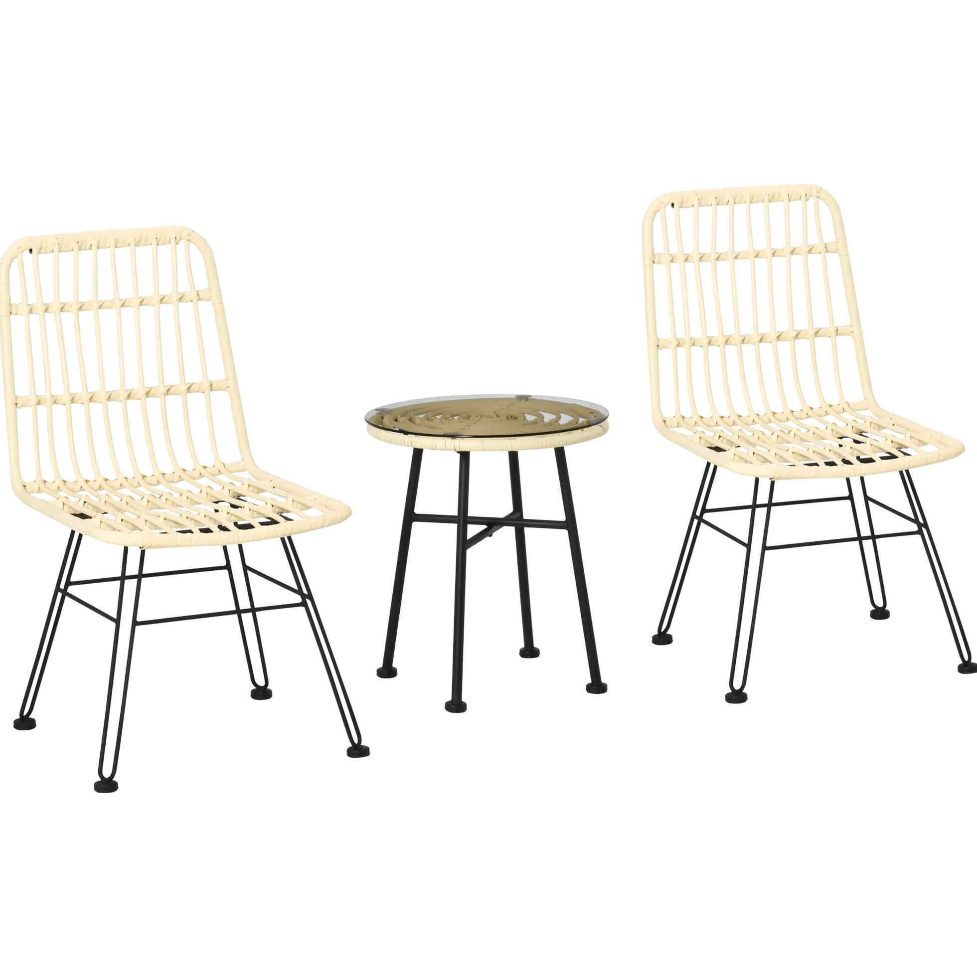Outsunny Ensemble Bistro Jardin 3 pièces Table Basse Ronde Verre trempé 2 chaises Coussins zippés déhoussables Polyester résine tressée PE métal galvanisé Ø 45 x 50 cm crème
