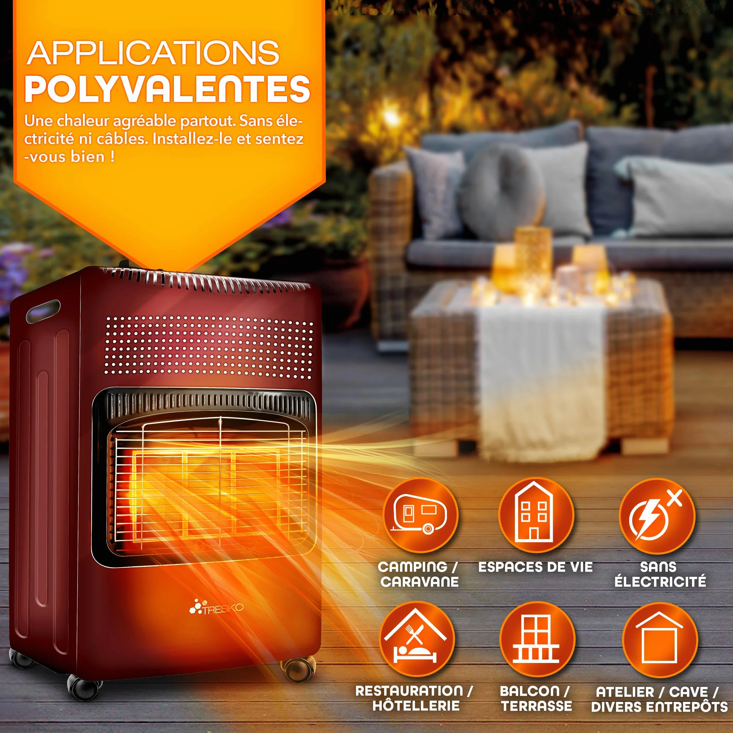 TRESKO Chauffage au gaz portable 4200 W intérieur régulateur de pression tuyau housse protection 3 niveaux chauffage réglables mobile