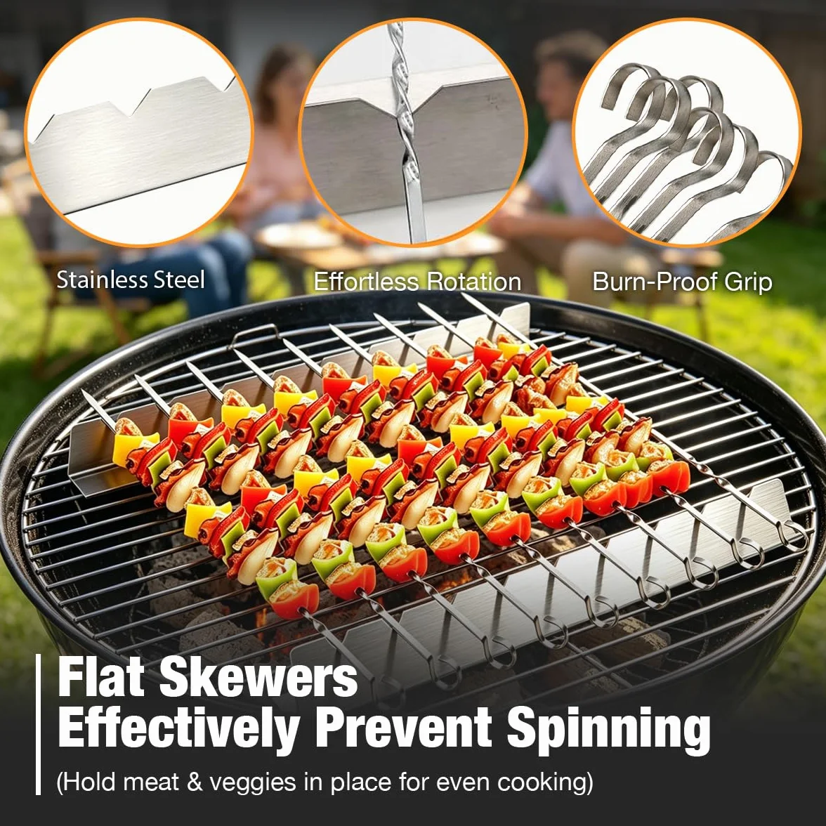 Set de 30 Brochettes Barbecue en Acier Inoxydable 40cm avec 2 Supports de Cuisson à 9 Encoches, Pique à Brochette Plate pour Grillade Jardin, Accessoire Barbecue Inox Lavable au Lave-Vaisselle