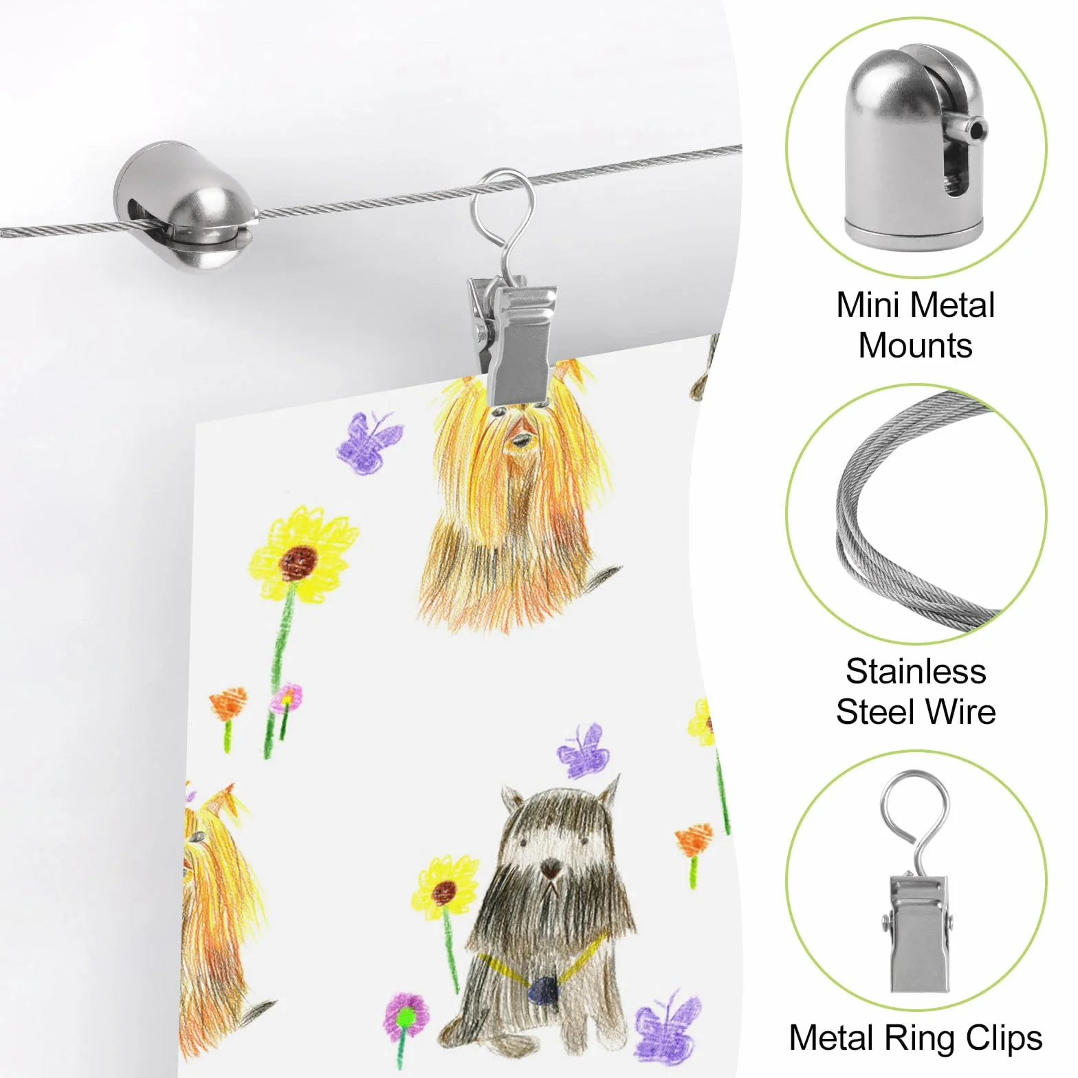 Kit de fil de suspension pour œuvres d'enfants avec clips réglables, décoration murale, 3 m