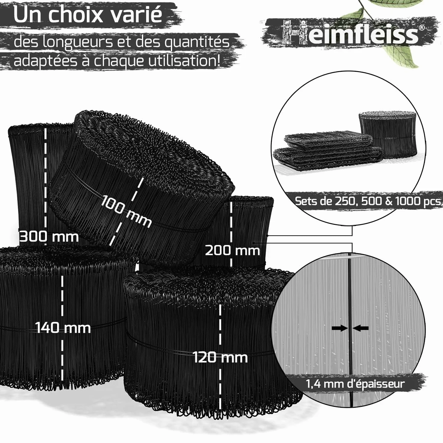 Heimfleiss® Lot de 1000 fils de liaison gainés en noir 1,4 x 100-300 mm – Fil à œillets pour perceuse