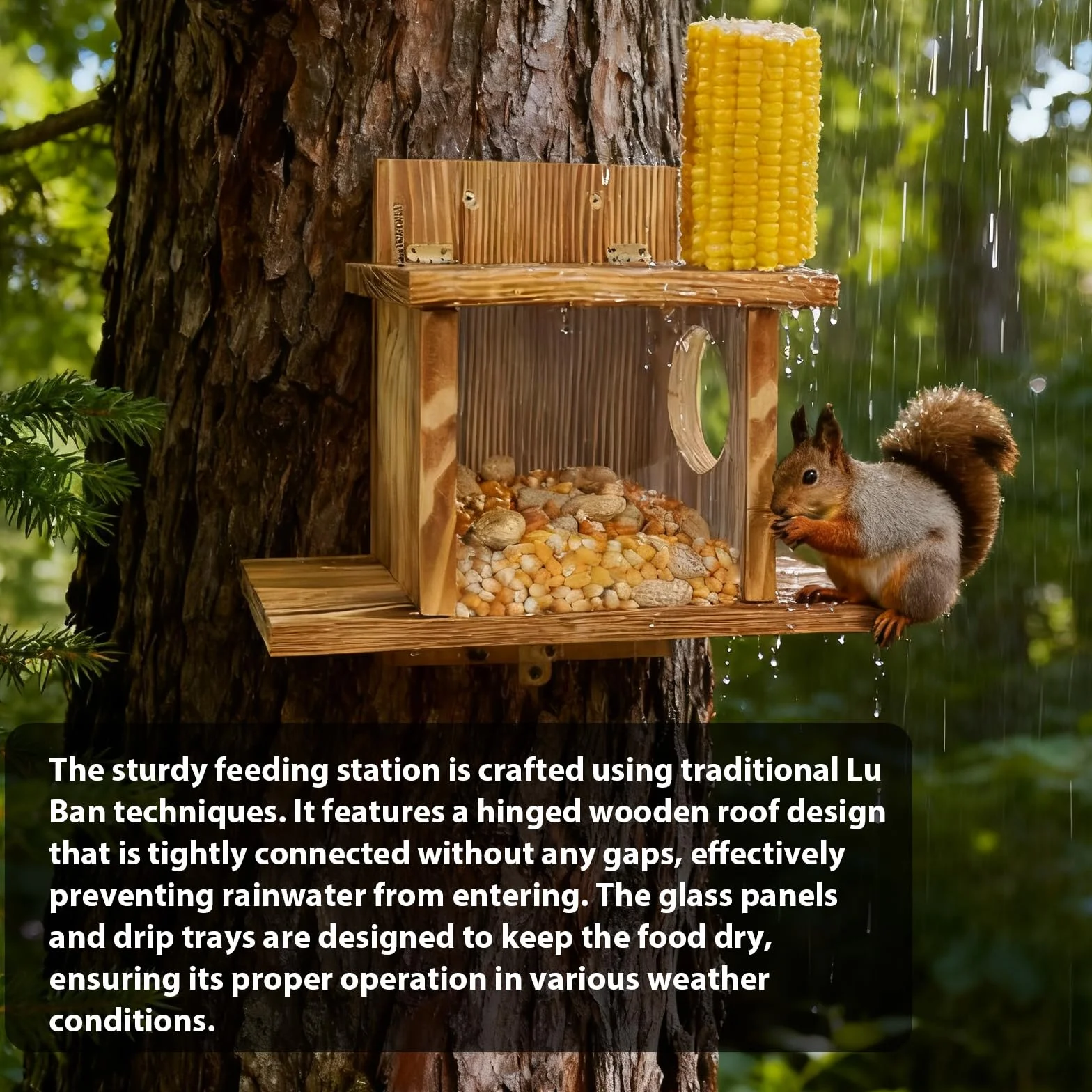 Mangeoire en bois pour écureuils - Station d'alimentation pour écureuils - Résistant aux intempéries - Avec 2 entrées et plateformes de siège - Maison pour écureuils