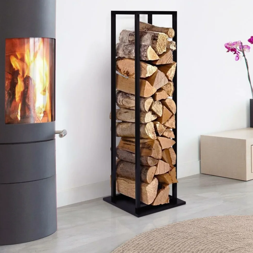 FACILITYS Range Bûches Intérieur Acier Noir 33x33x112 cm Support Bois Chauffage Vertical Porte Bûches Cheminée