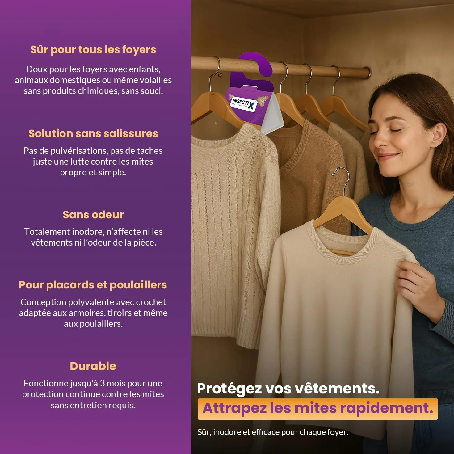Pièges à mites textiles – Lot de 6 détecteurs sans odeur, non toxiques avec phéromones – Pour armoires, tiroirs, tissus & rangements – Sans danger pour les enfants et les animaux