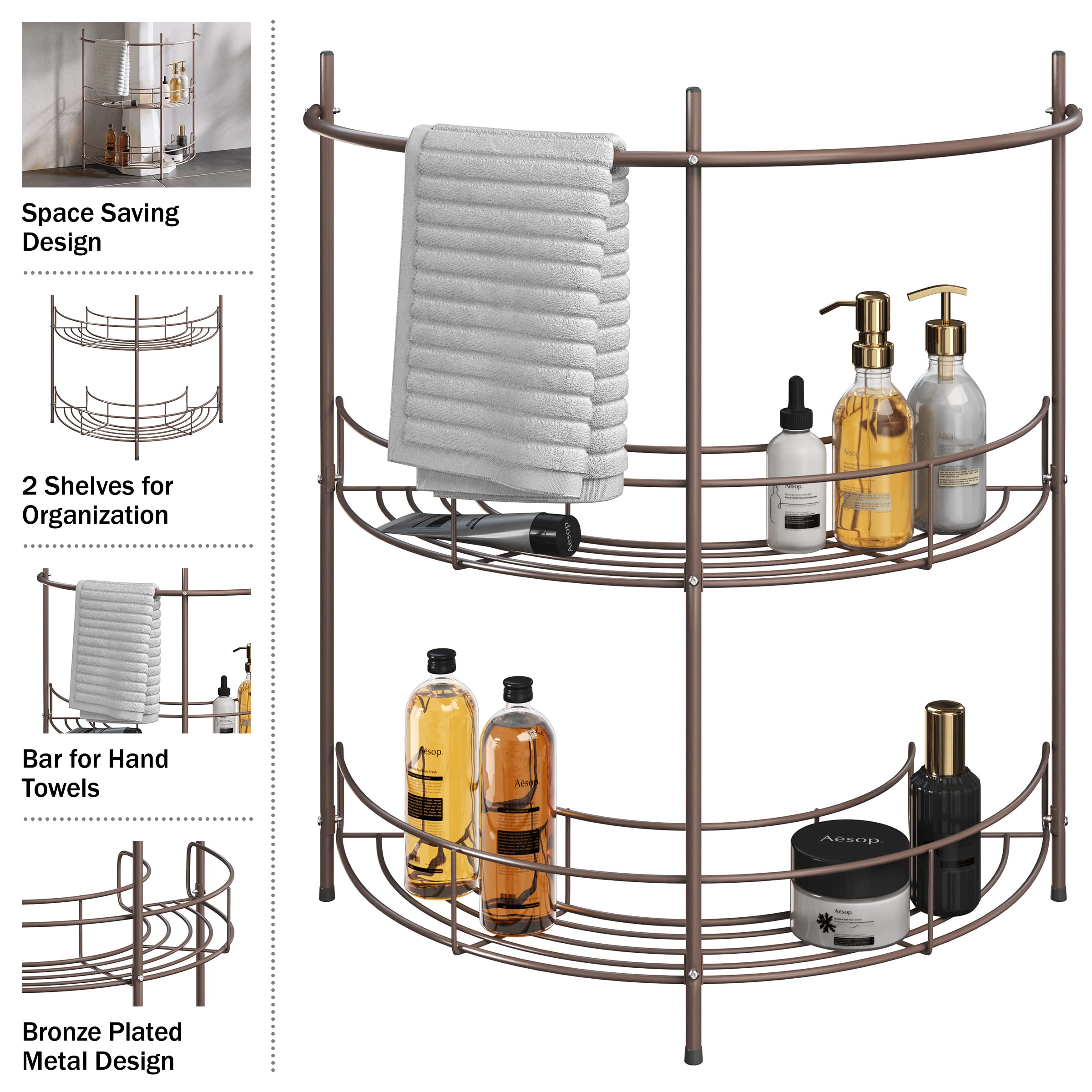 Bronze Pedestal Sink Organizer with Shelves and Towel Rod