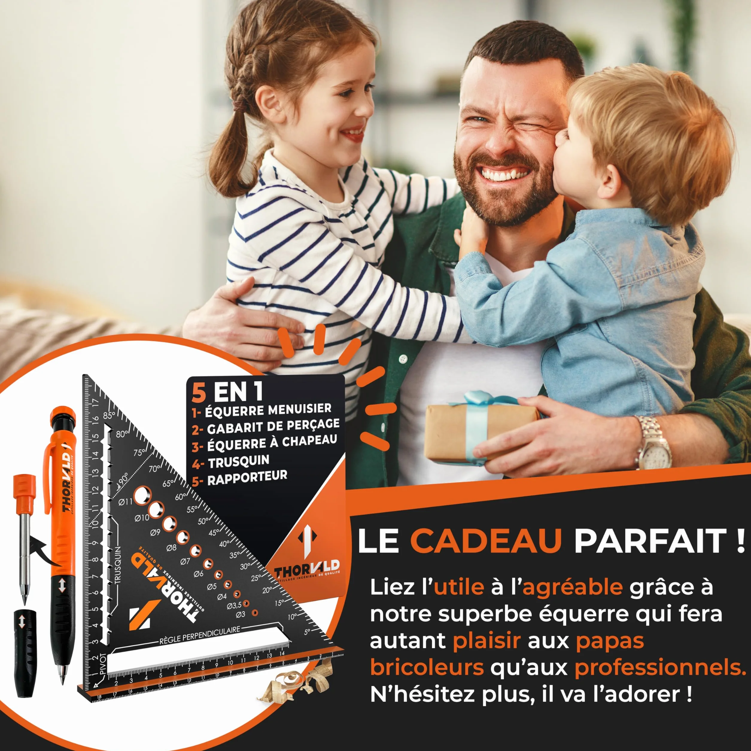 THORVALD 5 en 1 Equerre Menuisier 180 mm Aluminium Trusquin Rapporteur Gabarit de percage