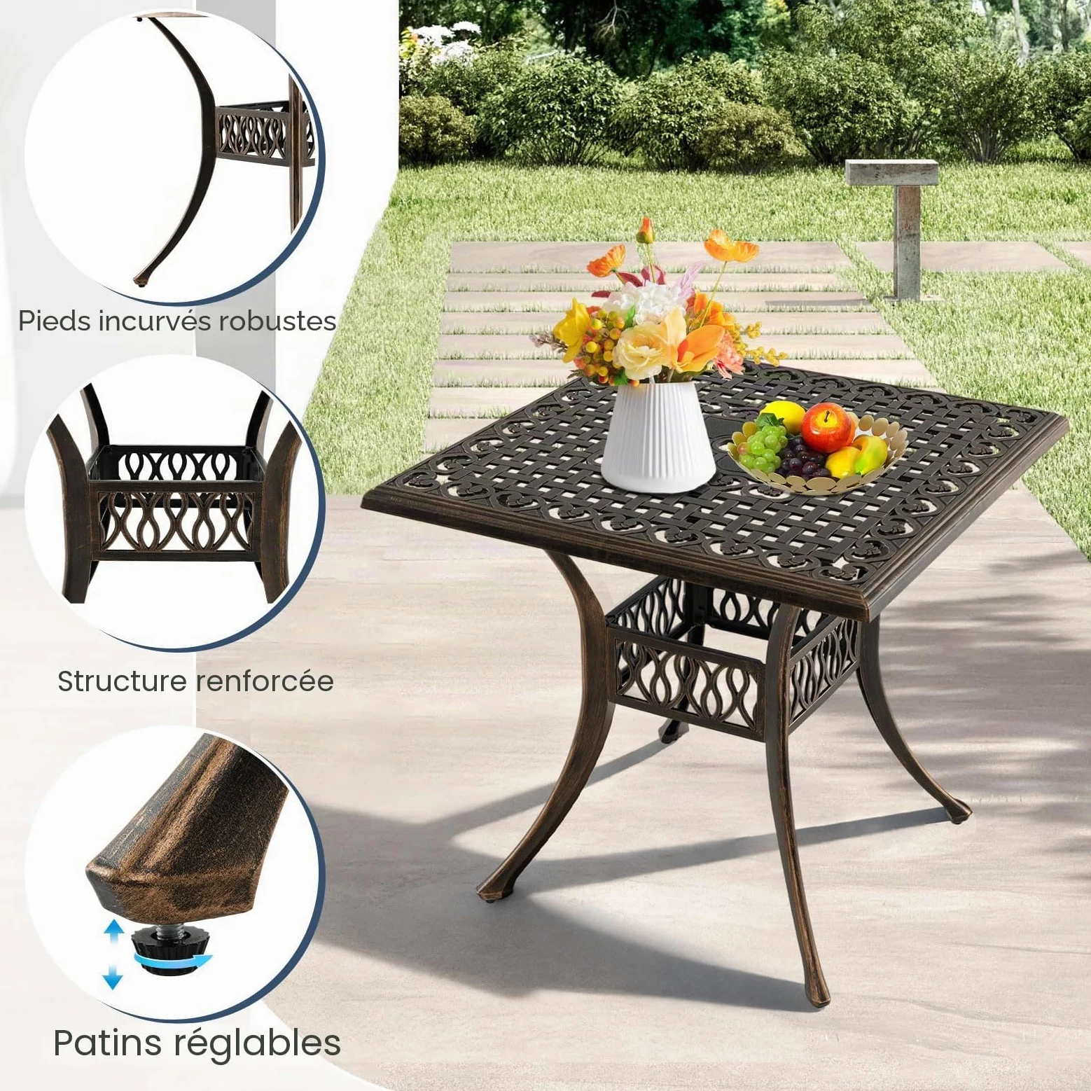 GIANTEX Table de Jardin Bronze avec Trou de Parasol de Ø 4,8 cm, Table de Balcon en Fonte d'Aluminium 80 x 80 cm pour 4 Personnes, Pieds Réglables, pour Terrasse, Jardin