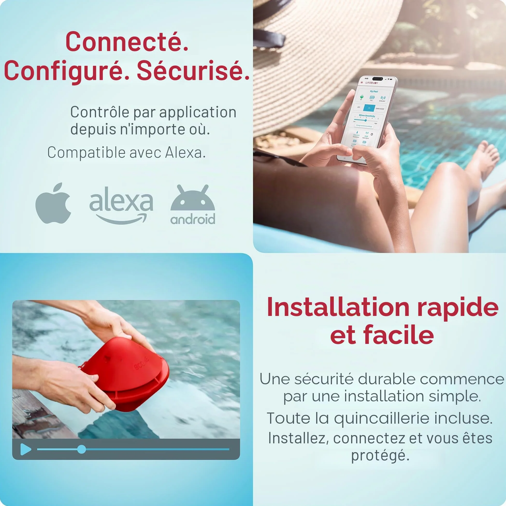 BCone Alarme de Sécurité pour Piscine Flottante Connectée, Sirène Puissante, Application Mobile, Détection de Chute, Protection Enfants et Animaux, Installation Rapide
