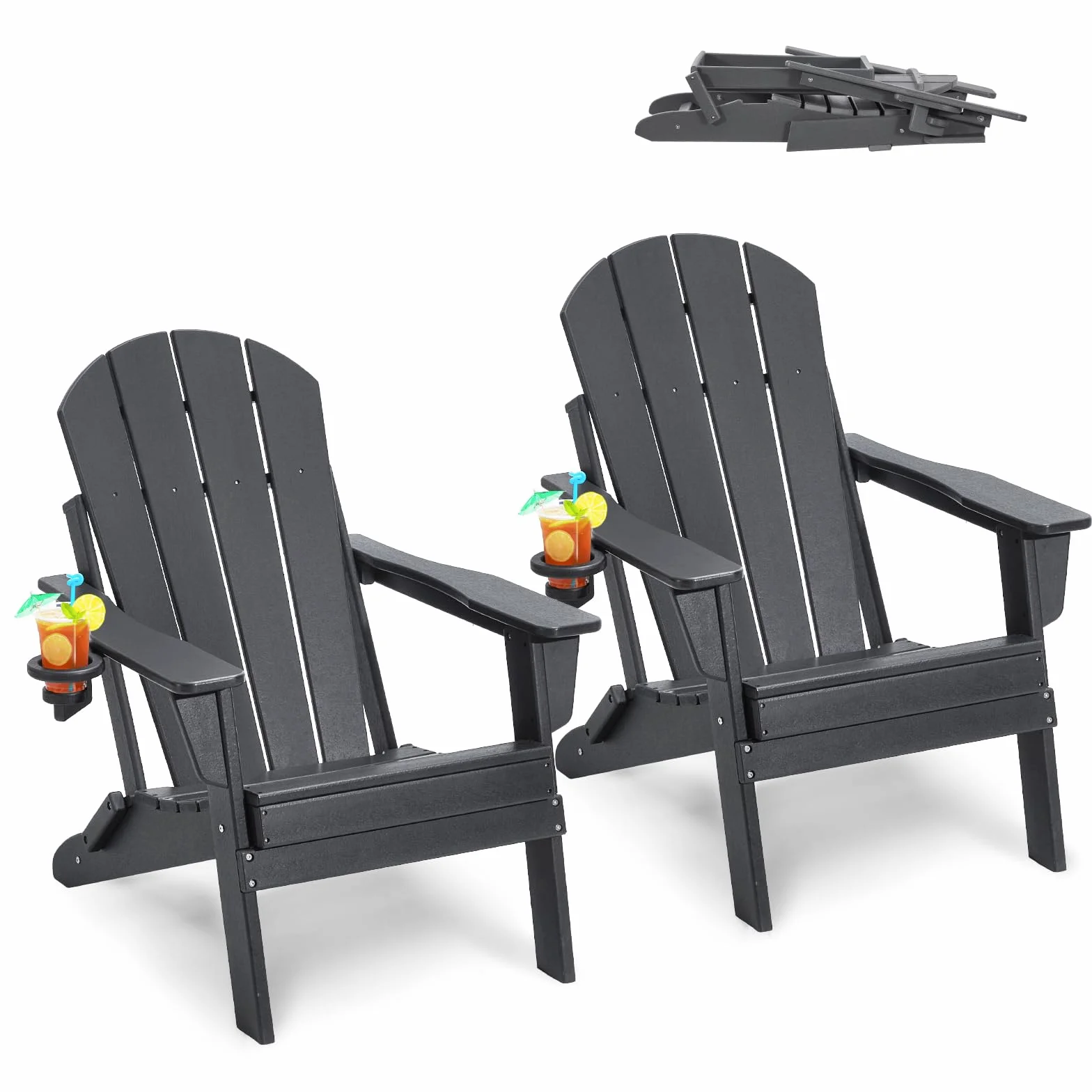 VEVOR Chaise Adirondack en Plastique, Lot de 2, Fauteuil de Jardin Pliant Portable, Charge 181,4 kg, avec Porte-Gobelet, Accoudoir Relaxant, pour Toutes Saisons, Extérieur, Patio, Arrière-Cour, Gris