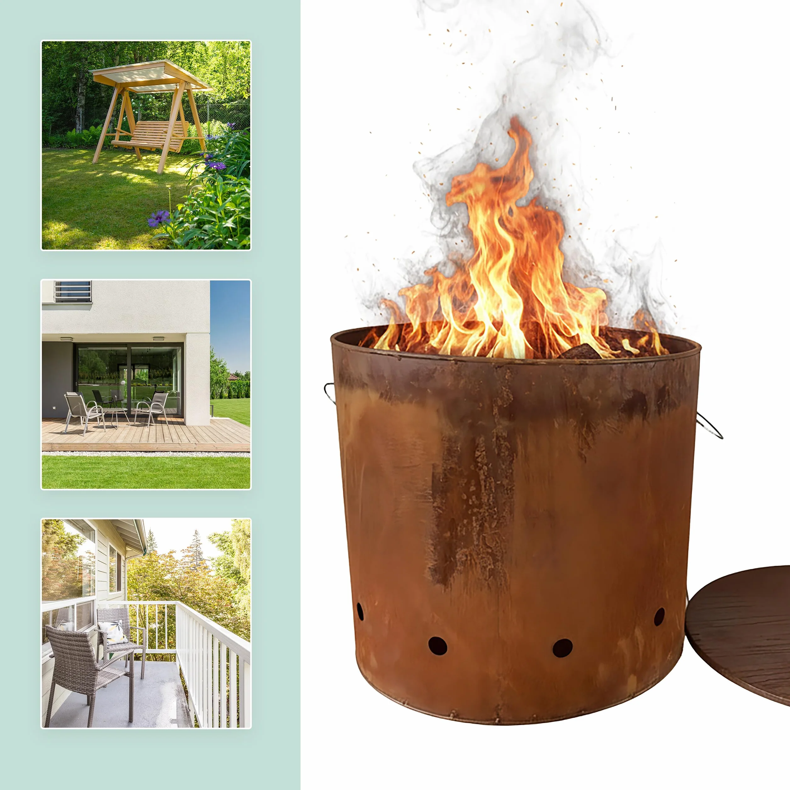 Relaxdays Tonneau à feu en Acier Corten, Aspect rouillé, H45xD49,5cm, brasero avec Couvercle, Brun rougeâtre XL