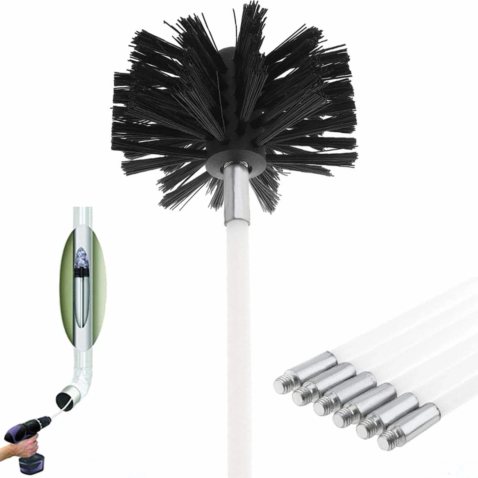 Kit Brosse de Cheminée pour Ramonage 6 Tiges Flexibles 61cm Tête 100mm Poêle à Granulés
