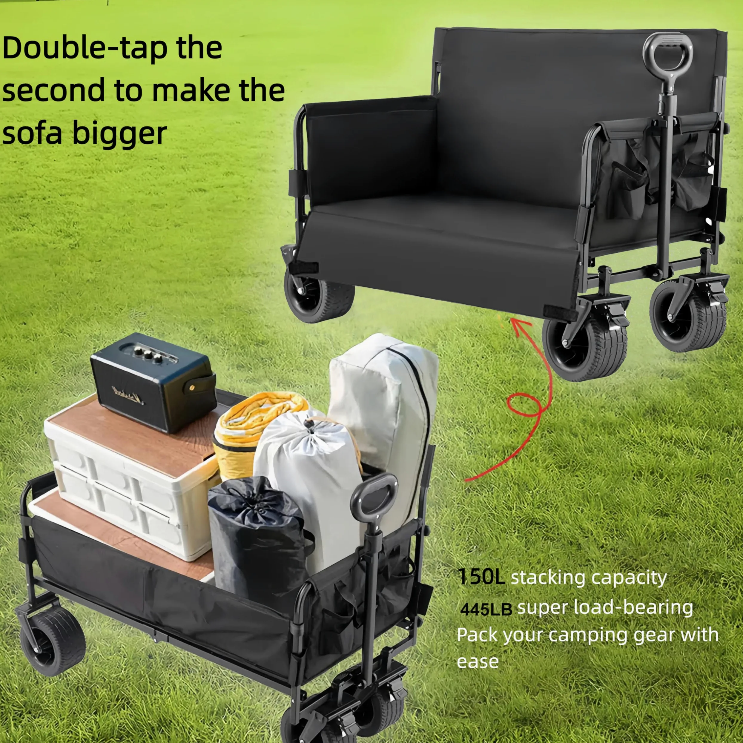 Nine point nine Chariot de Plage Transformable en Banc, Capacité de 445LBS Chariot Pliable, Charette de Transport avec Poignée Flexible, Charette avec roulettes (008 Black)
