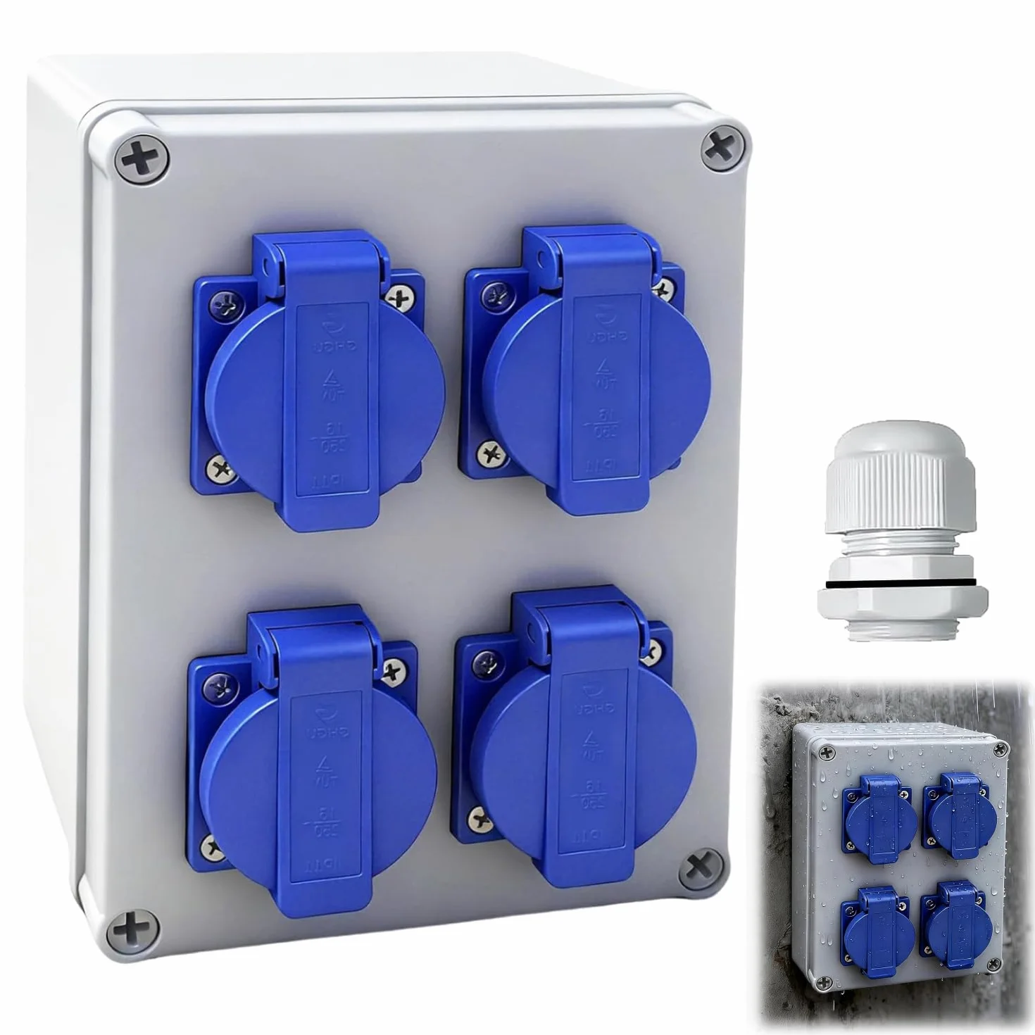 Répartiteur mural de chantier pré-câblé 4 prises 230 V 16 A Schuko IP44