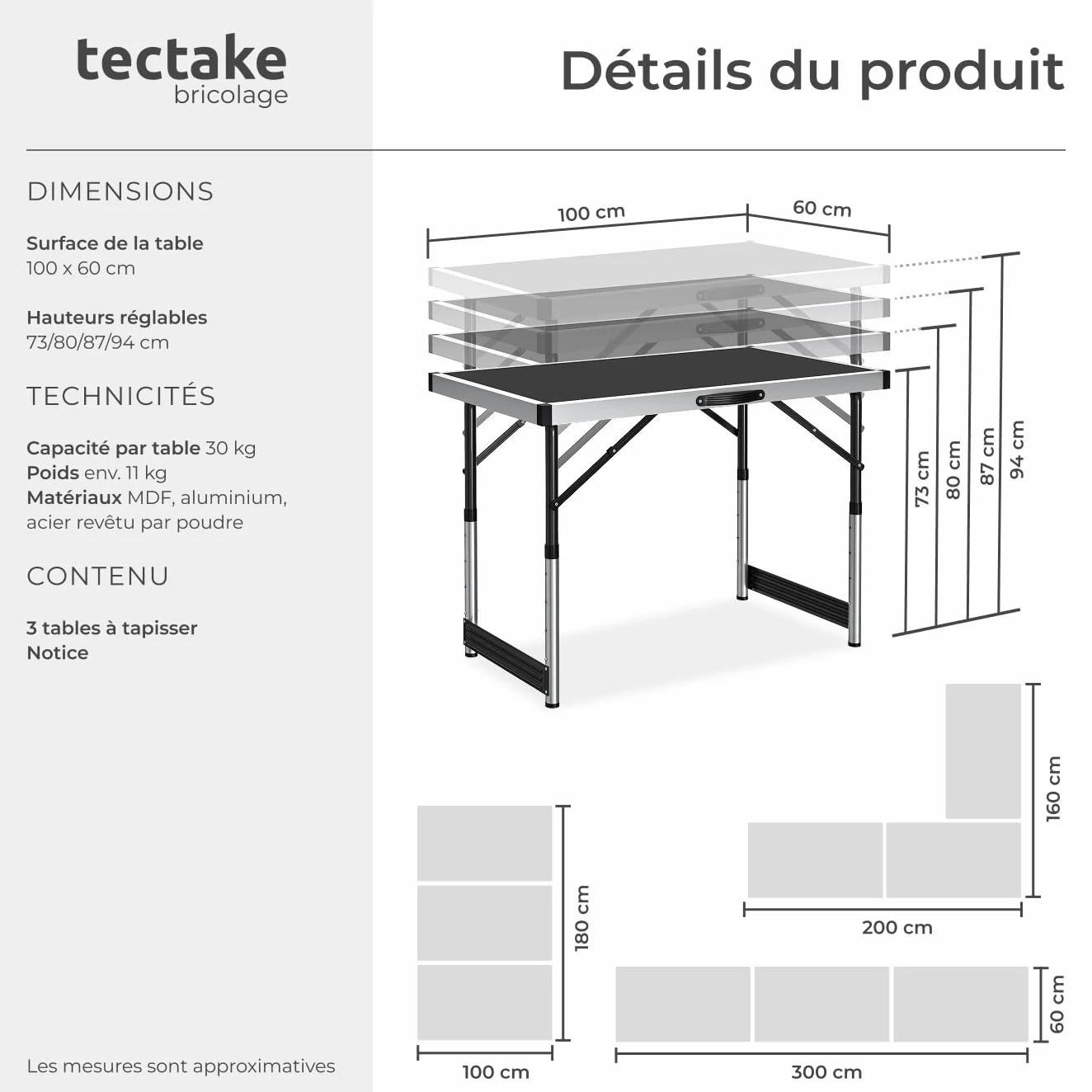 Tectake Lot de 3 Tables Pliantes Multifonction 100 x 60 cm Aluminium Hauteur Réglable 4 Niveaux Camping Barbecue