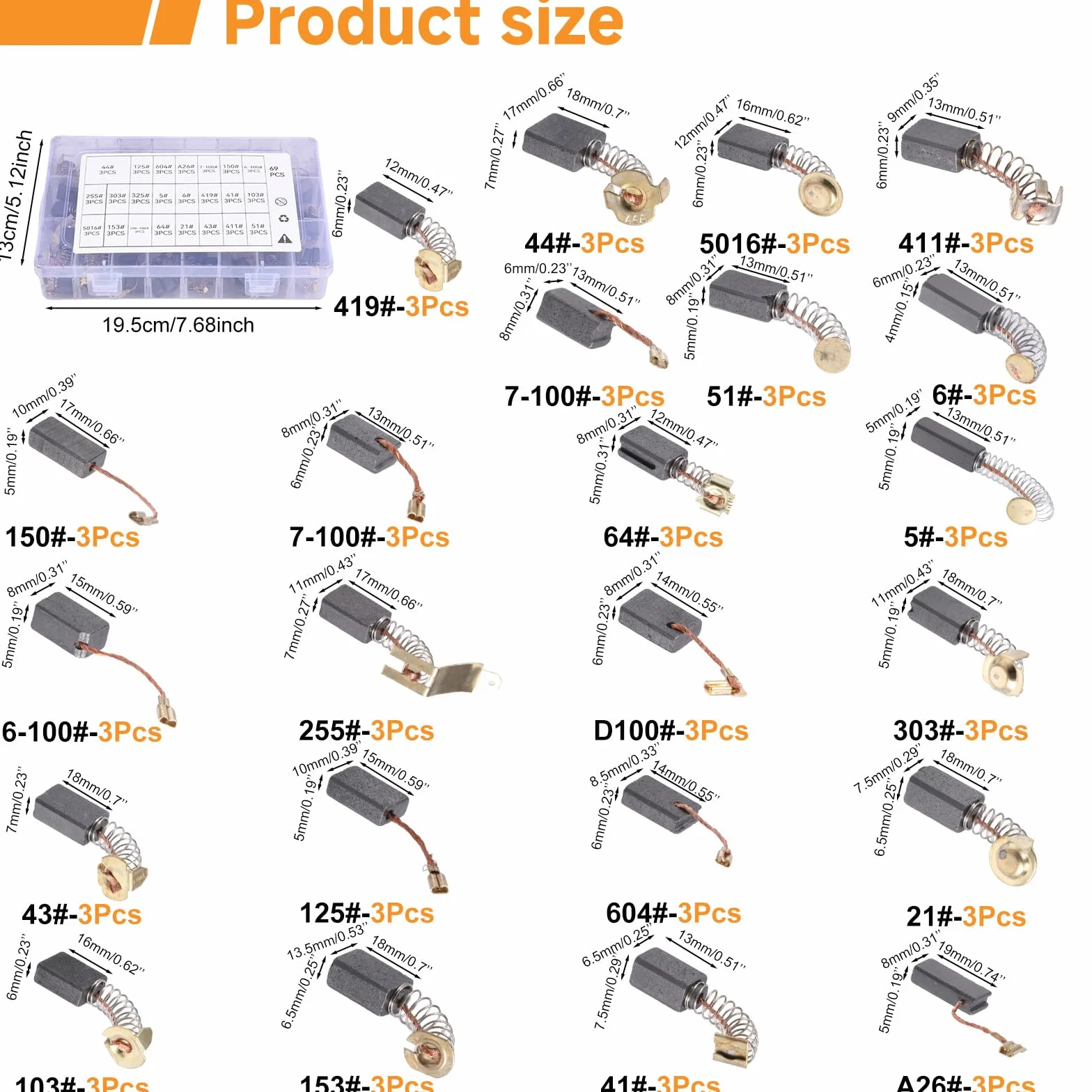 Balais de charbon 69 pièces 23 tailles pour outils électriques meuleuses d'angle marteaux