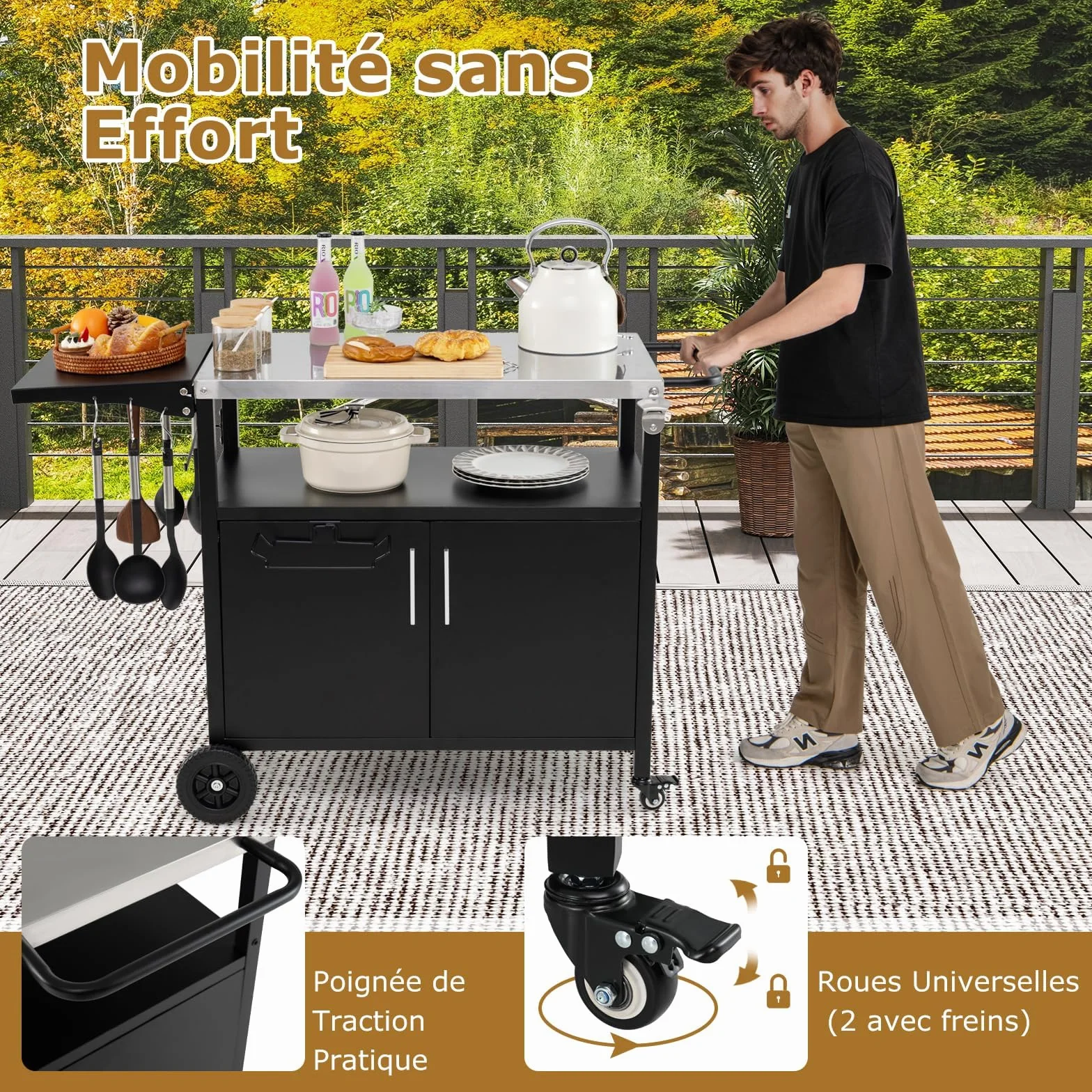 GOPLUS Desserte Jardin 3 Niveaux avec Plan de Travail Pliant, Porte-Serviettes, 6 Crochets, Mobile Préparation Exterieur, Charge 100KG