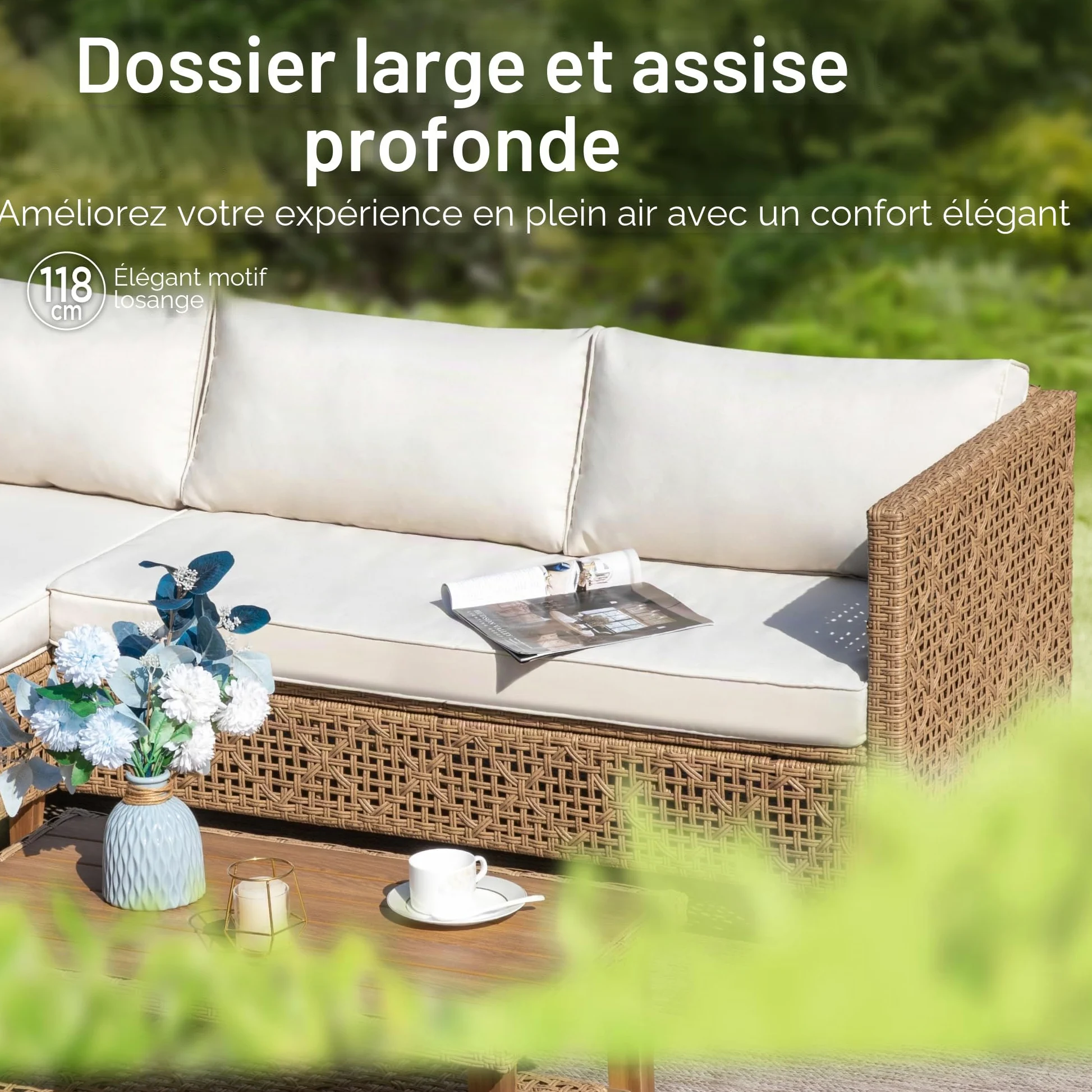 PHI VILLA Ensemble de meubles de jardin de balcon 3 pièces en rotin avec 1 méridienne, 1 canapé 2 places et 1 petite table basse, 4 personnes, meubles de terrasse d'extérieur