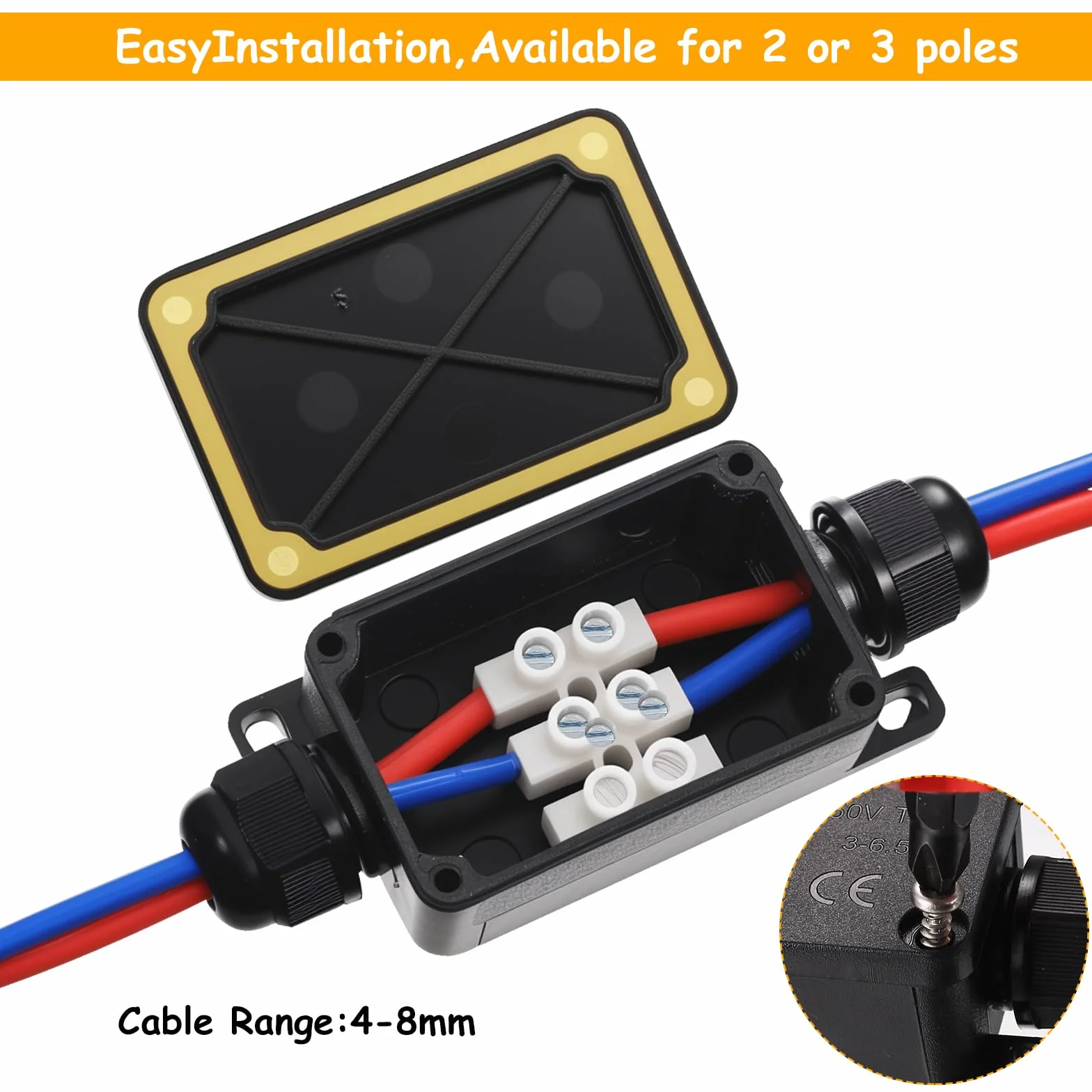 Boite de Derivation Etanche IP66 2 Voies, Boîtier de Raccordement pour Câbles 3-6,5 mm, Noir