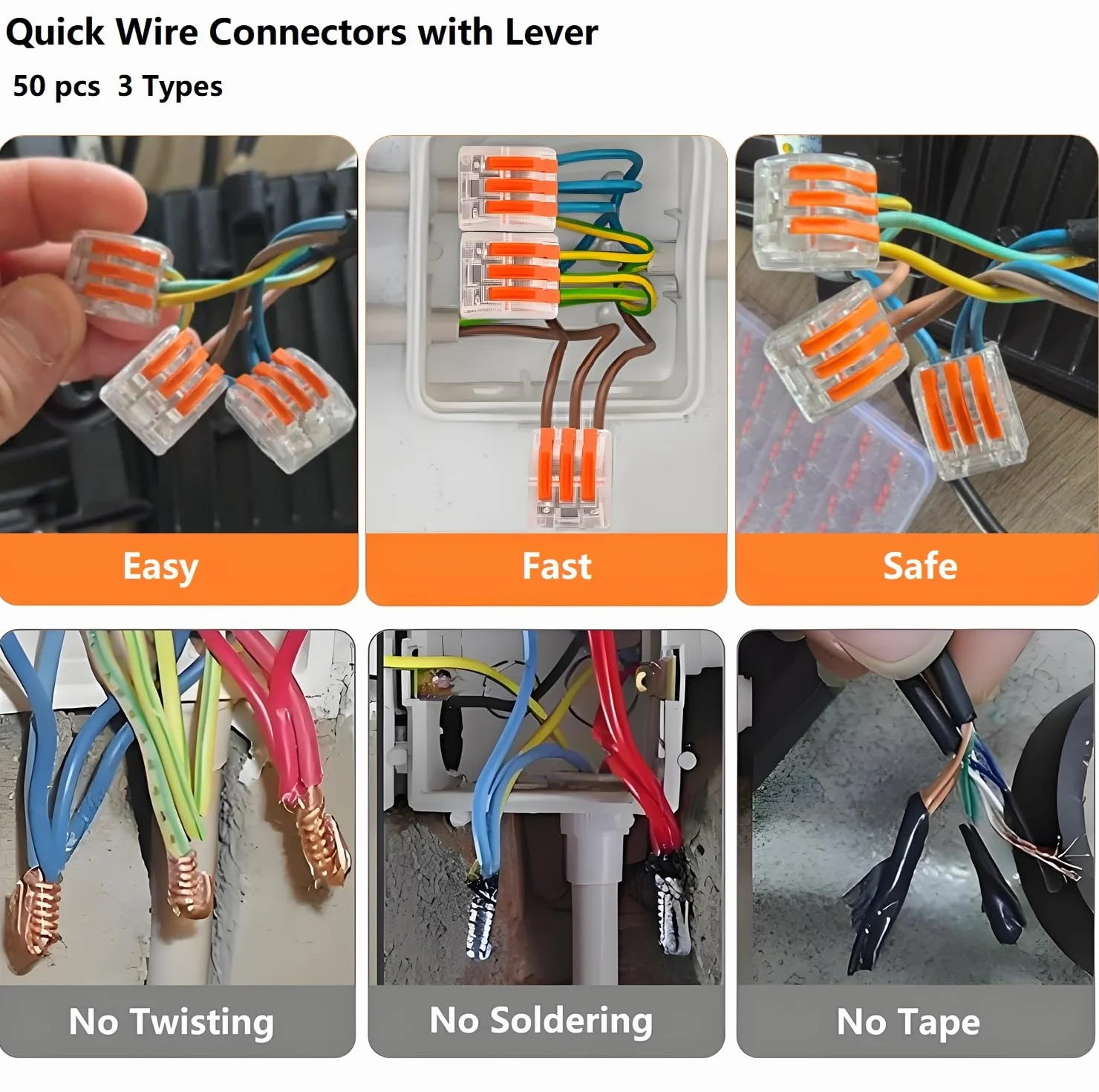 Connecteurs Electriques avec Levier 50 Pièces, Borne de Connexion Rapide 3 Types 2,3 et 5 Entrées