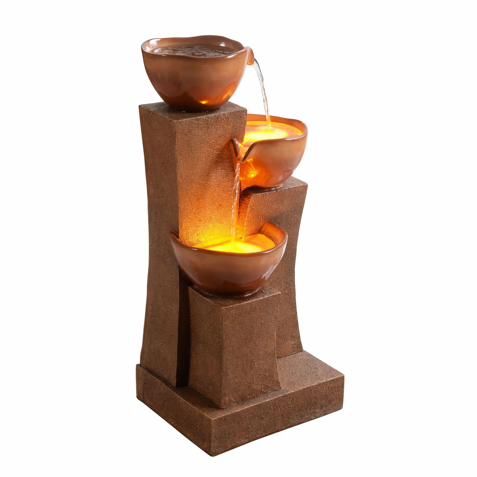 Teamson Home Fontaine d'eau extérieure à 3 étages de 28,54 pouces avec lumières LED, marron, Teamson Home