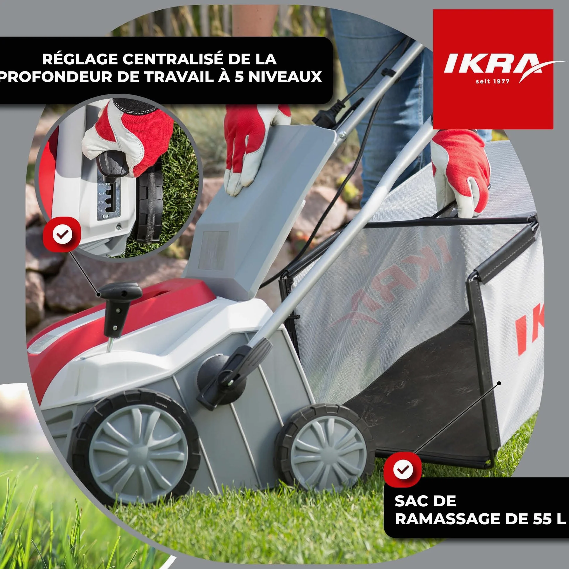 IKRA scarificateur aérateur électrique IEVL 1840, largeur de travail 40cm, puissance 1.800 watts, Gris/Rouge
