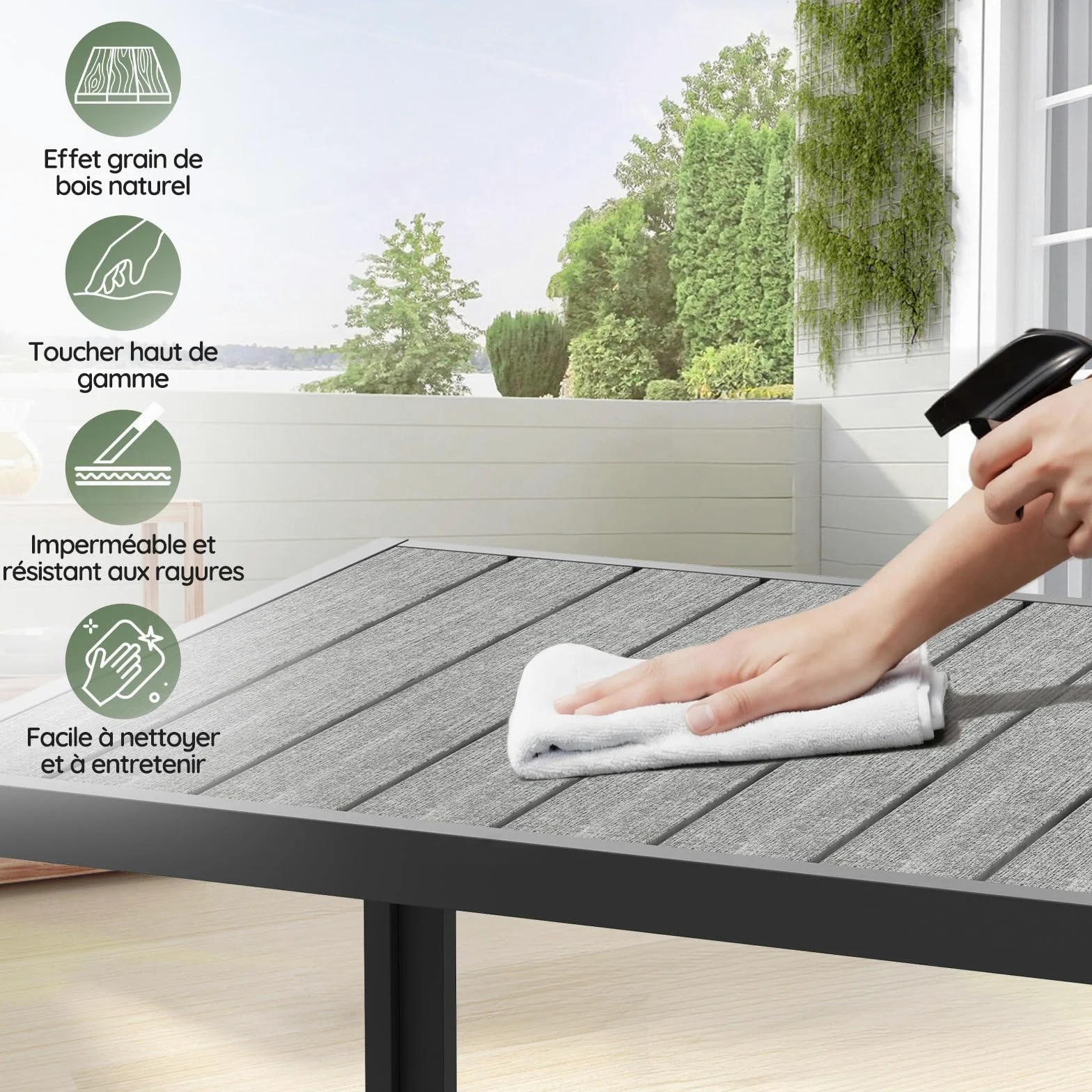 Devoko Salon de Jardin Exterieur 8 Personnes, HDPS Table de 189 cm et 8 Chaises Empilable d'Extérieur en Aluminium Durable, Design à Veine de Bois, Idéal pour Cour, Terrasse ou Bord de Piscine, Gris