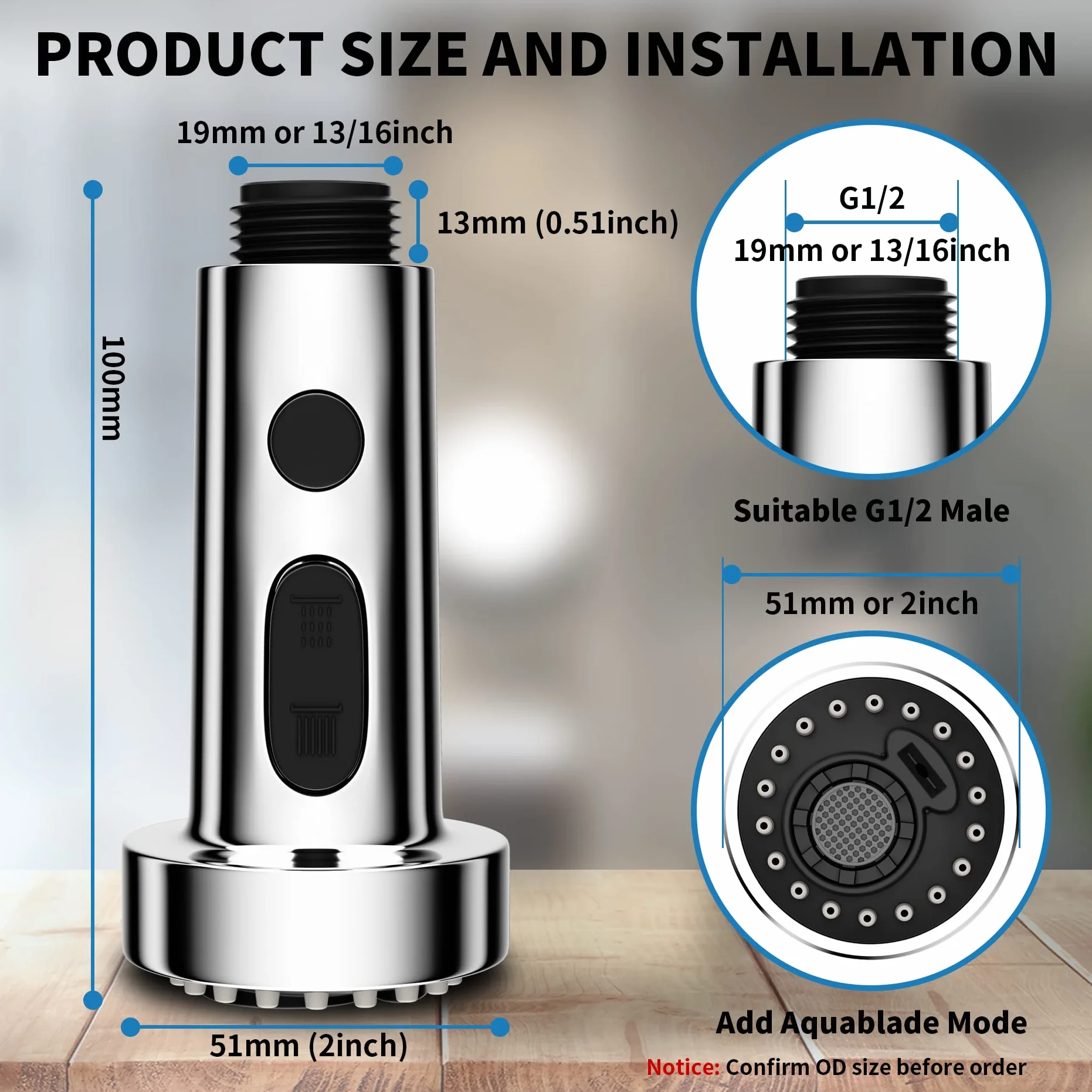 Hibbent Tête Robinet de Cuisine 3 Modes, Douchette Rétractable Mitigeur Cuisine Universel G1/2, Pivotant 360°, Filetage Mâle