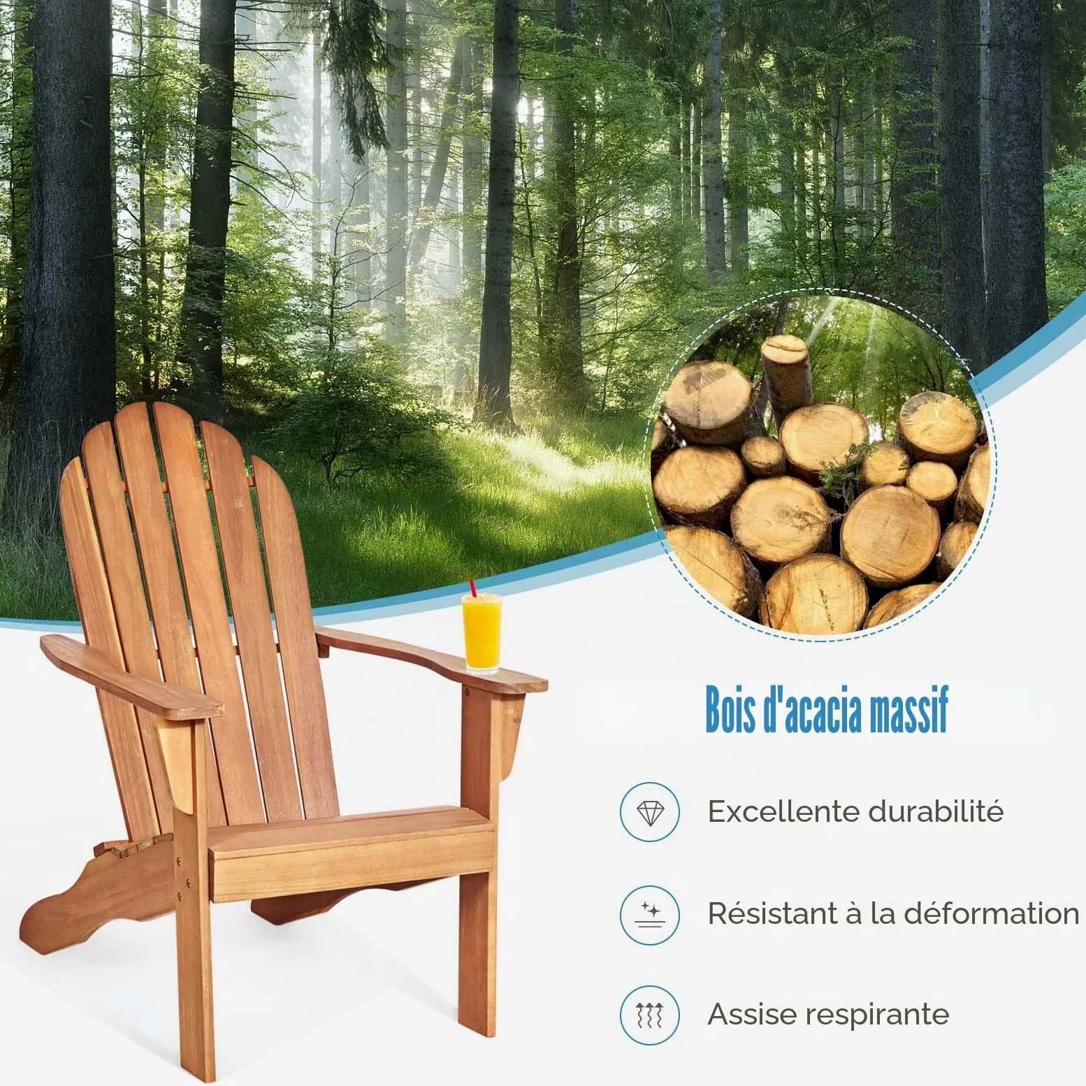 GIANTEX Fauteuil de Jardin en Bois, Fauteuil Adirondack avec Accoudoirs& Dossier Confortable, Chaise de Relaxation, Supporte 160 kg, Chaise Longue Exterieur pour Jardin, Patio, Terrasse (Naturel)