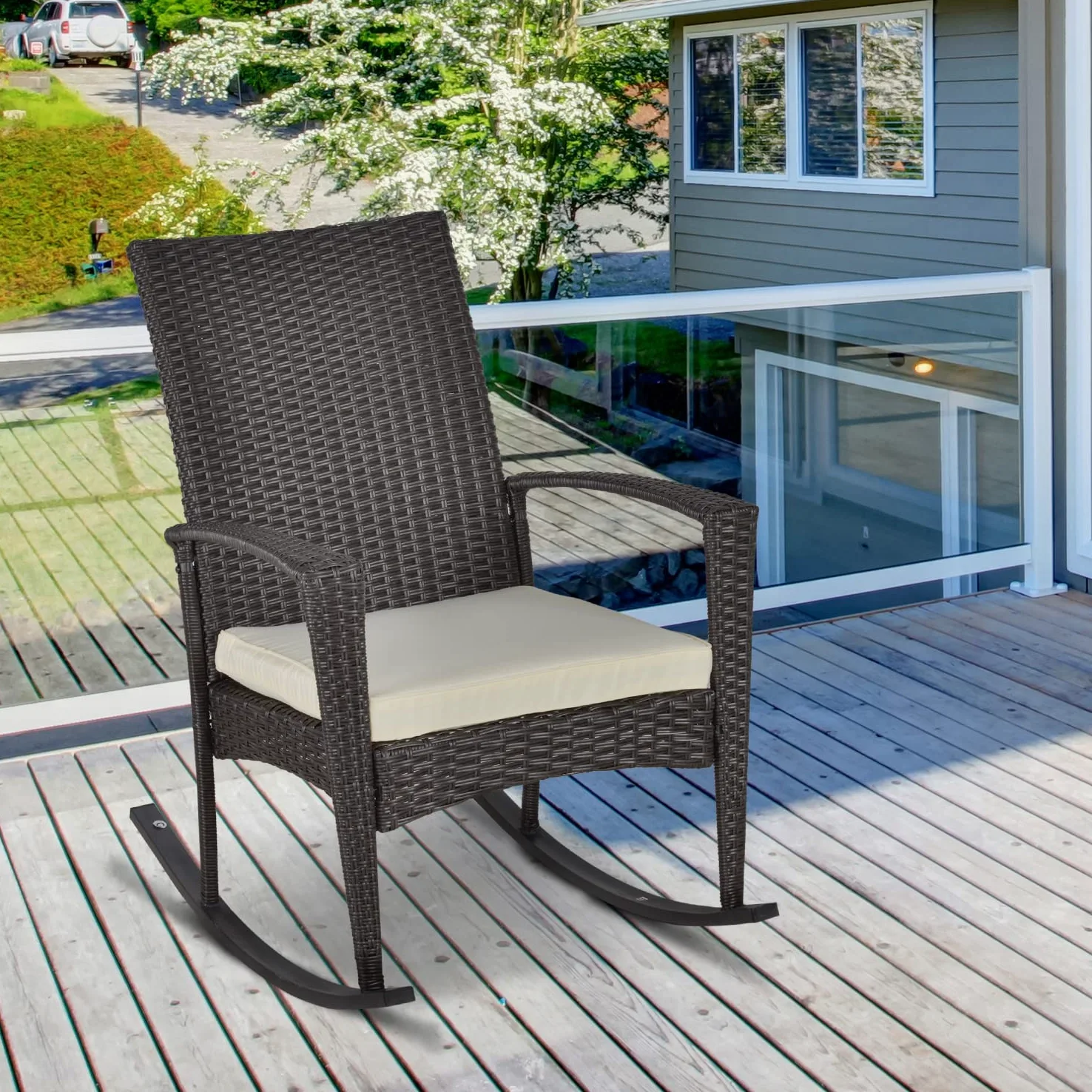 Outsunny Fauteuil à Bascule Rocking Chair avec Coussin d'assise déhoussable 66L x 88l x 98H cm résine tressée Imitation rotin Chocolat
