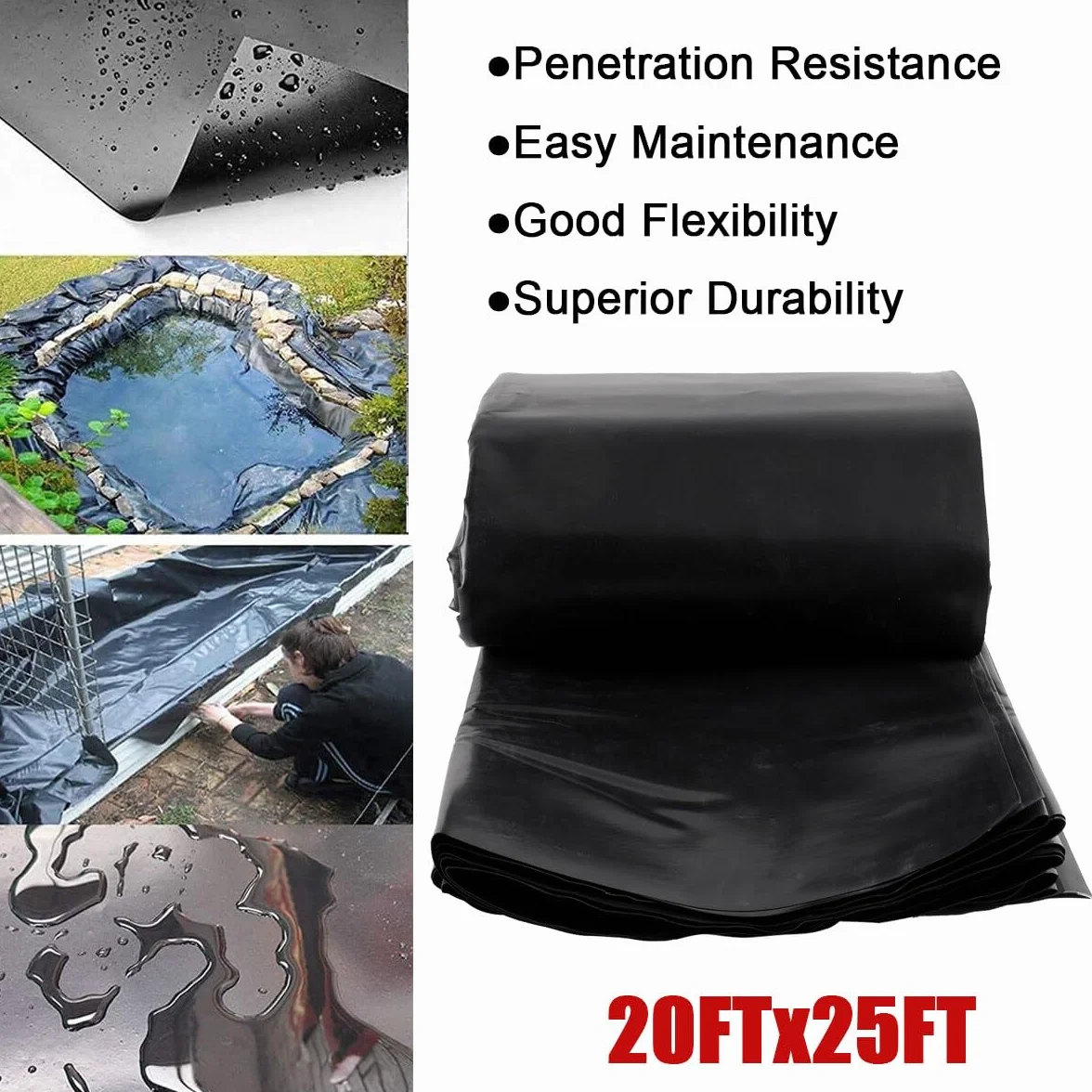 Bâche de Bassin Grand Bassin à Poissons Piscines Membrane Renforcée LLDPE Noir 7.6m x 6m