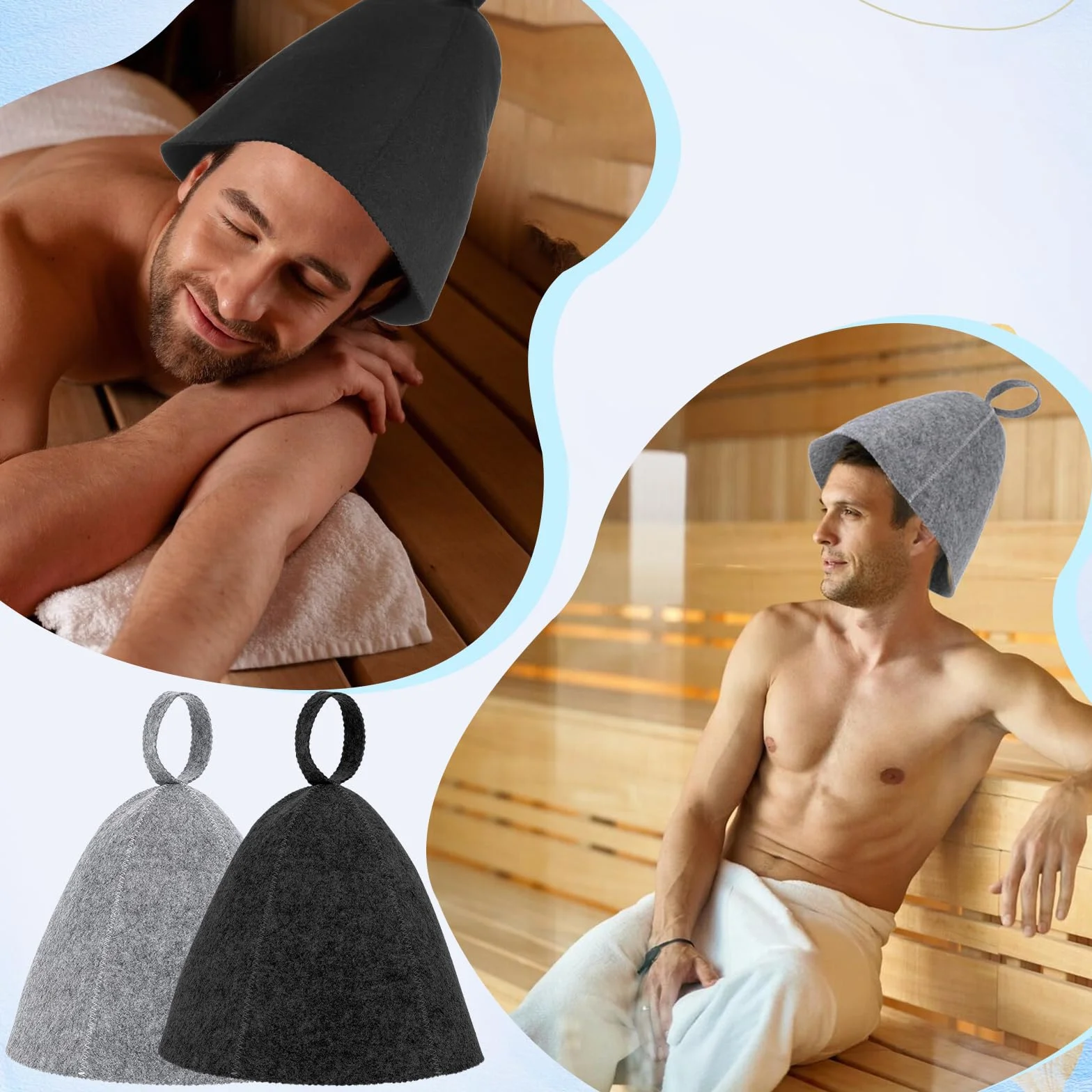 Lot de 2 bonnets de sauna en feutre de laine absorbant - Protection de la tête taille universelle gris noir