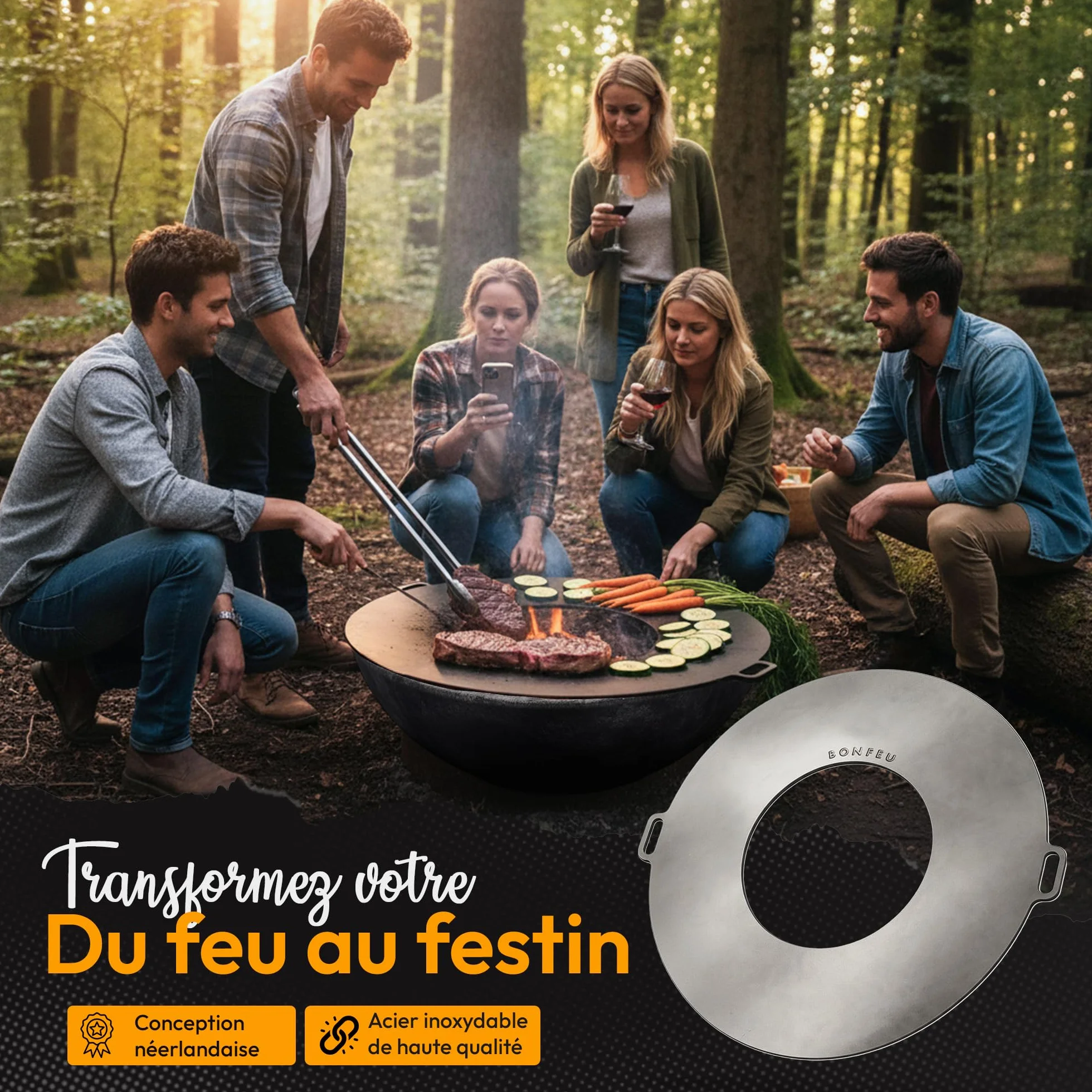 BonFeu BonPlancha Plaque de Grill Ø80cm Gaz & Bois Acier